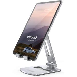 Lamicall Adjustable Tablet Stand Holder – Foldable Phone Dock, 360°Rotating Desktop Tablet Mount, for 4.7-13″ Tablets, Such as iPad Pro 11, 12.9 Air Mini, Tabs, Kindle, iPhone Air 17 Pro Max, Silver(Silver)
