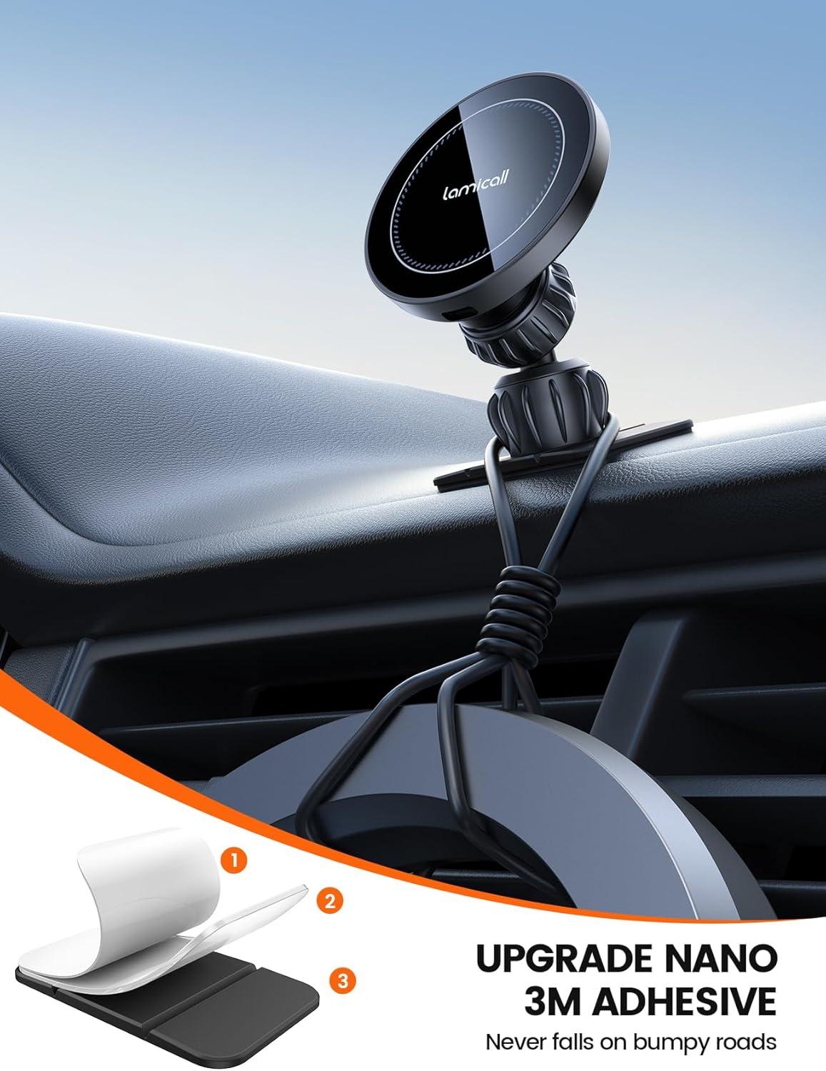 imageLamicall 15W for MagSafe Car Mount Charger 20X Strong Magnets Wireless Car Phone Holder Charger Magnetic Phone Holders for Car Vent Dash Accessories for Women Men for iPhone 17 Air Pro Max SilverBlack