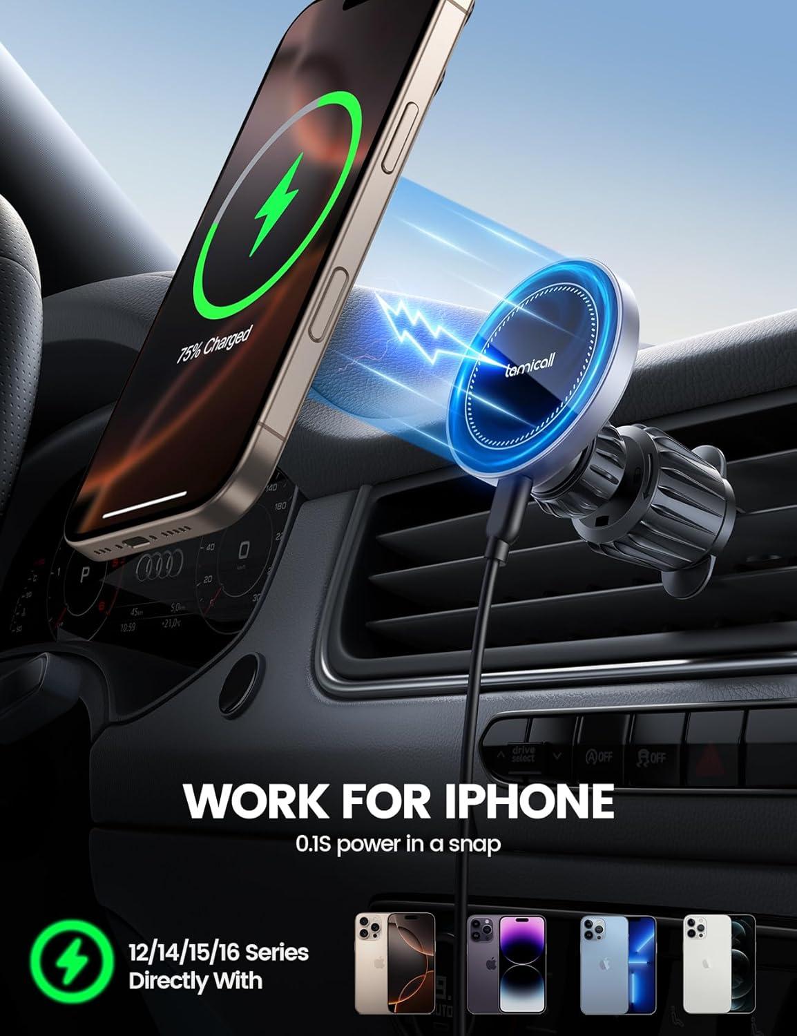 imageLamicall 15W for MagSafe Car Mount Charger 20X Strong Magnets Wireless Car Phone Holder Charger Magnetic Phone Holders for Car Vent Dash Gift Accessories for Women Men for iPhone 17 Pro Max BlackNEW Upgraded Silver Gray