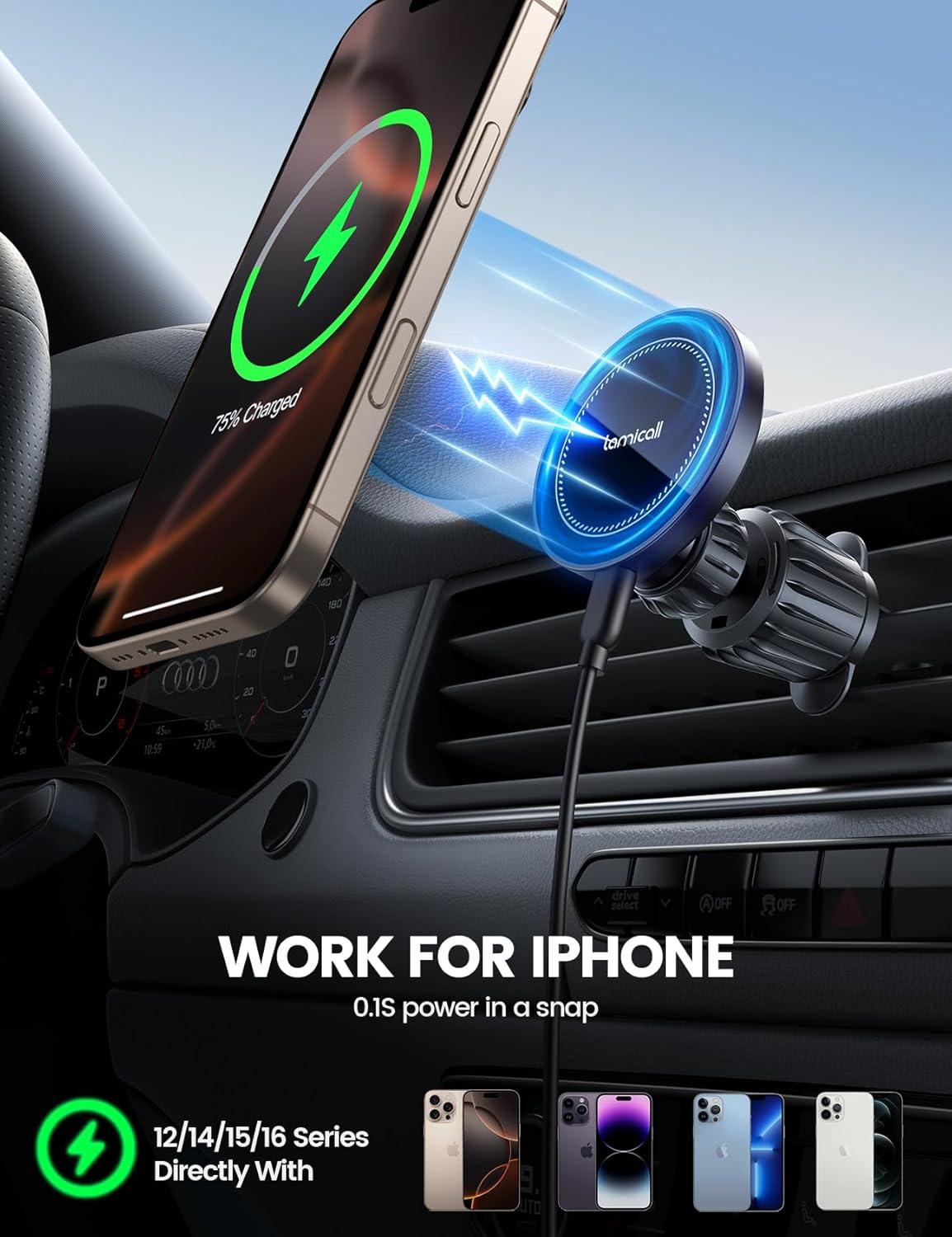 imageLamicall 15W for MagSafe Car Mount Charger 20X Strong Magnets Wireless Car Phone Holder Charger Magnetic Phone Holders for Car Vent Dash Gift Accessories for Women Men for iPhone 17 Pro Max BlackBlack