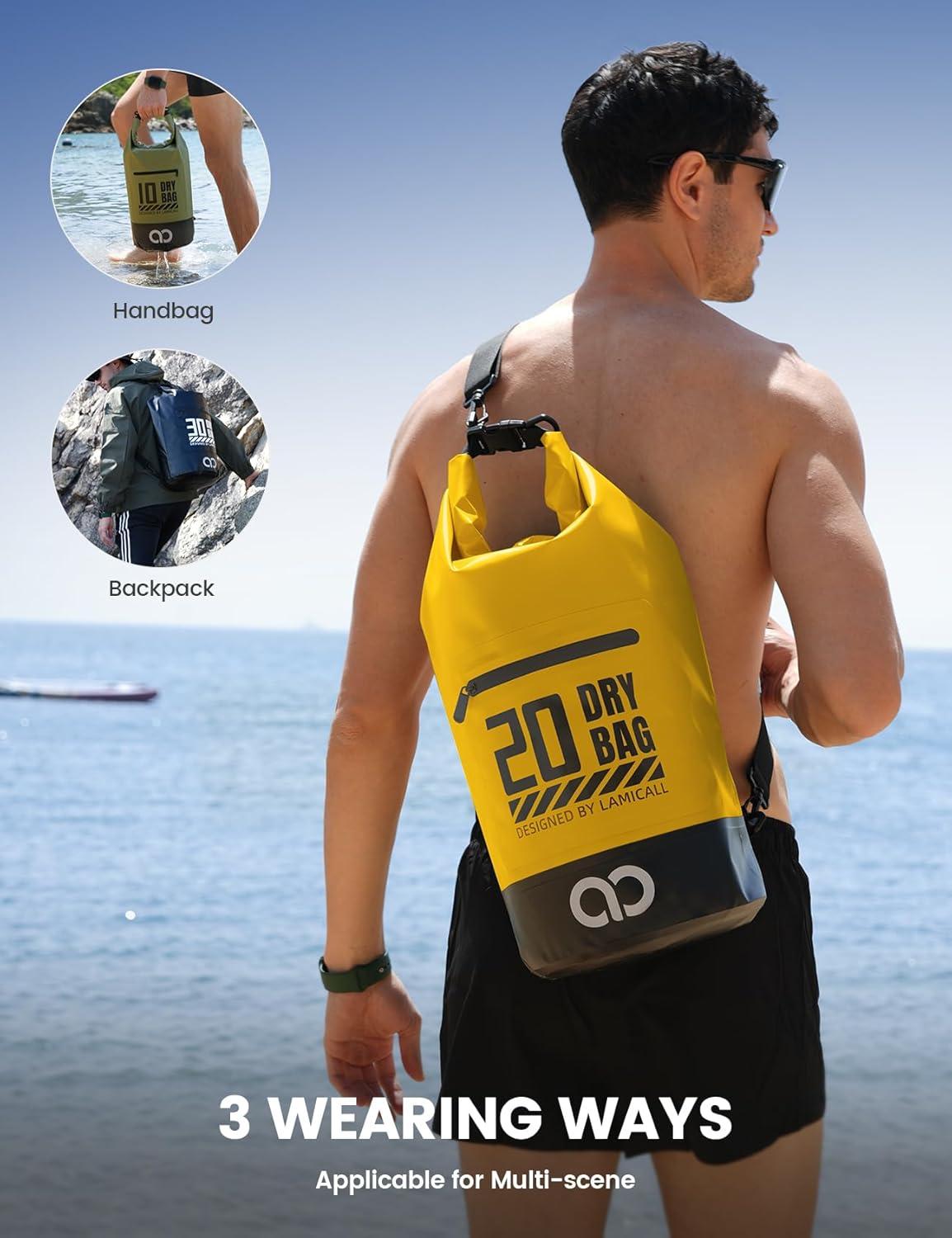 imageLamicall 40L amp 40L Dry Bag Waterproof Backpack Zippered Pocket Roll Top Waterproof Bag Black amp Lemon Yellow