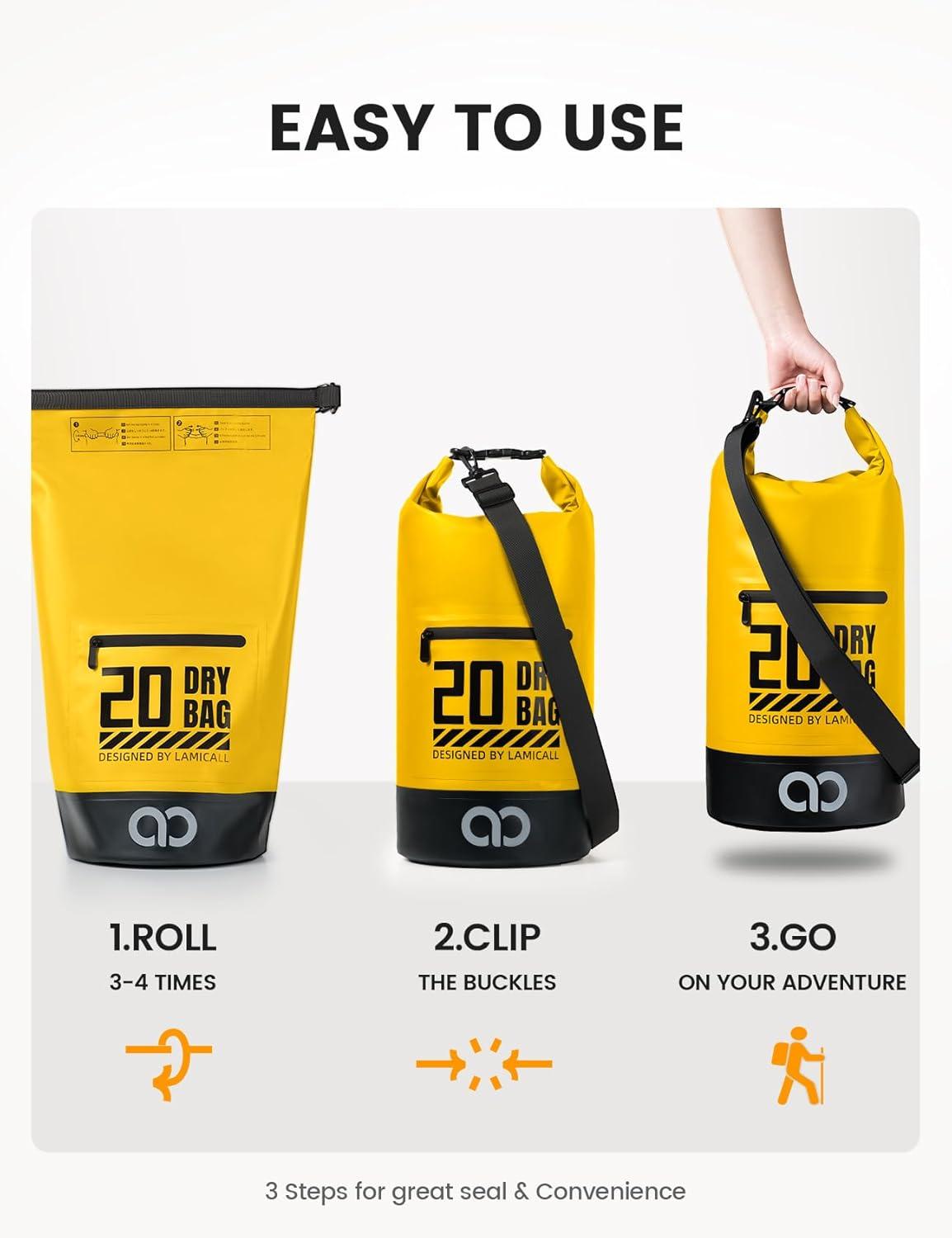 imageLamicall 40L amp 40L Dry Bag Waterproof Backpack Zippered Pocket Roll Top Waterproof Bag Black amp Lemon Yellow