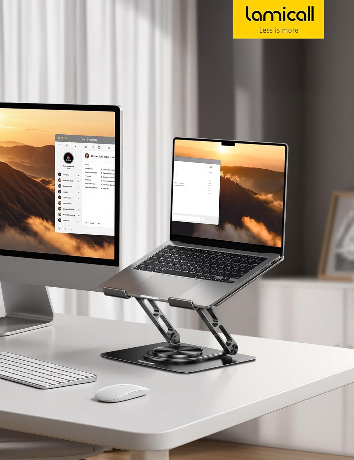imageLamicall Adjustable Laptop Stand for Desk 360 Rotating Base Ergonomic Computer Stand Aluminum Laptop Riser Foldable Protable for Office Home fits MacBook Air Pro Dell HP 10173 BlackBlack