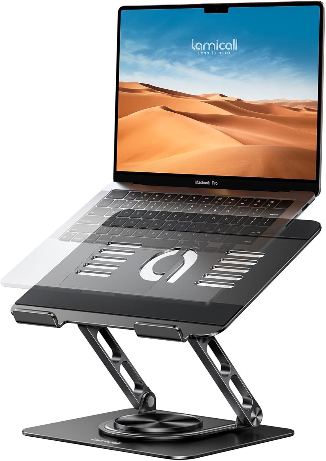 imageLamicall Adjustable Laptop Stand for Desk 360 Rotating Base Ergonomic Computer Stand Aluminum Laptop Riser Foldable Protable for Office Home fits MacBook Air Pro Dell HP 10173 BlackBlack