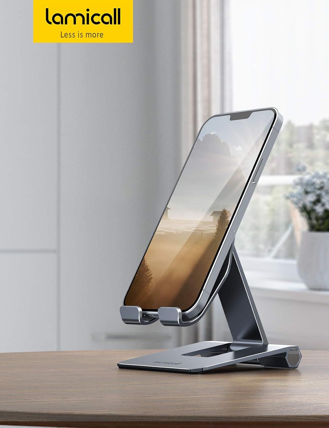imageLamicall Aluminum Metal Adjustable Cell Phone Stand Desk Heavy Duty Aluminum Metal Foldable Desktop Phone Holder Cradle Dock for iPhone 16 15 14 Plus Pro Pro Max 13 12 X XS411 Phone GreyGrey