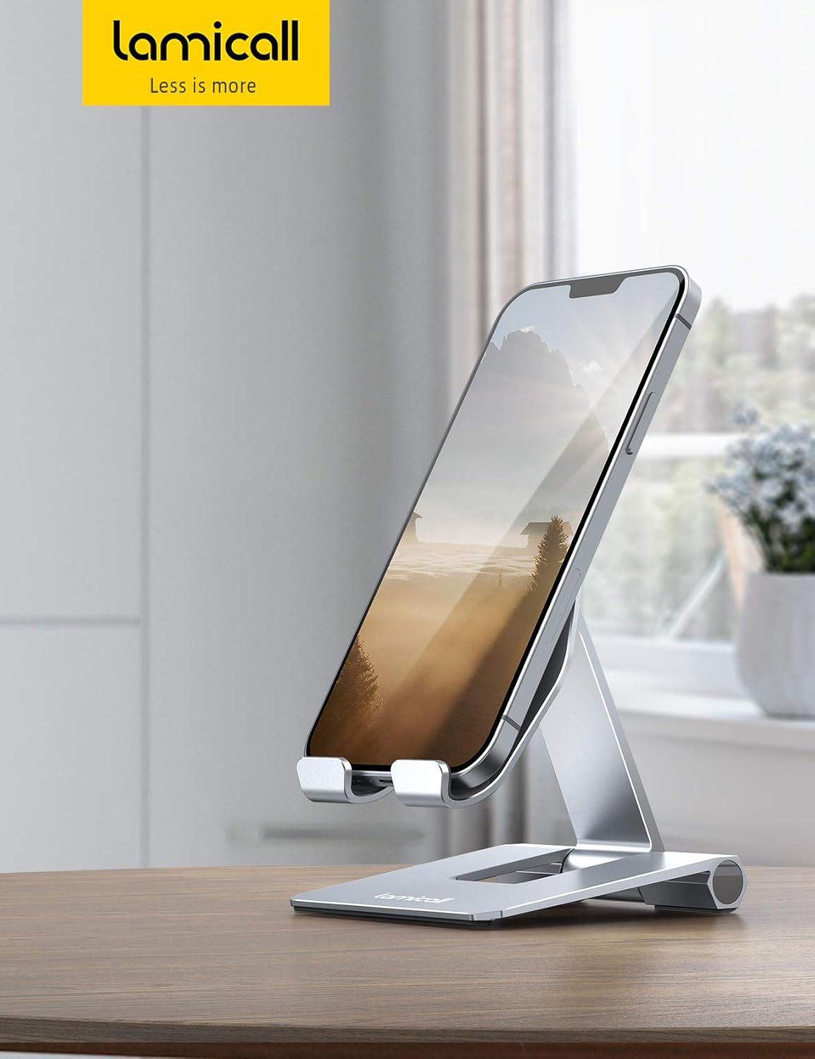 imageLamicall Aluminum Metal Adjustable Cell Phone Stand Desk Heavy Duty Aluminum Metal Foldable Desktop Phone Holder Cradle Dock for iPhone 16 15 14 Plus Pro Pro Max 13 12 X XS411 Phone GreySliver