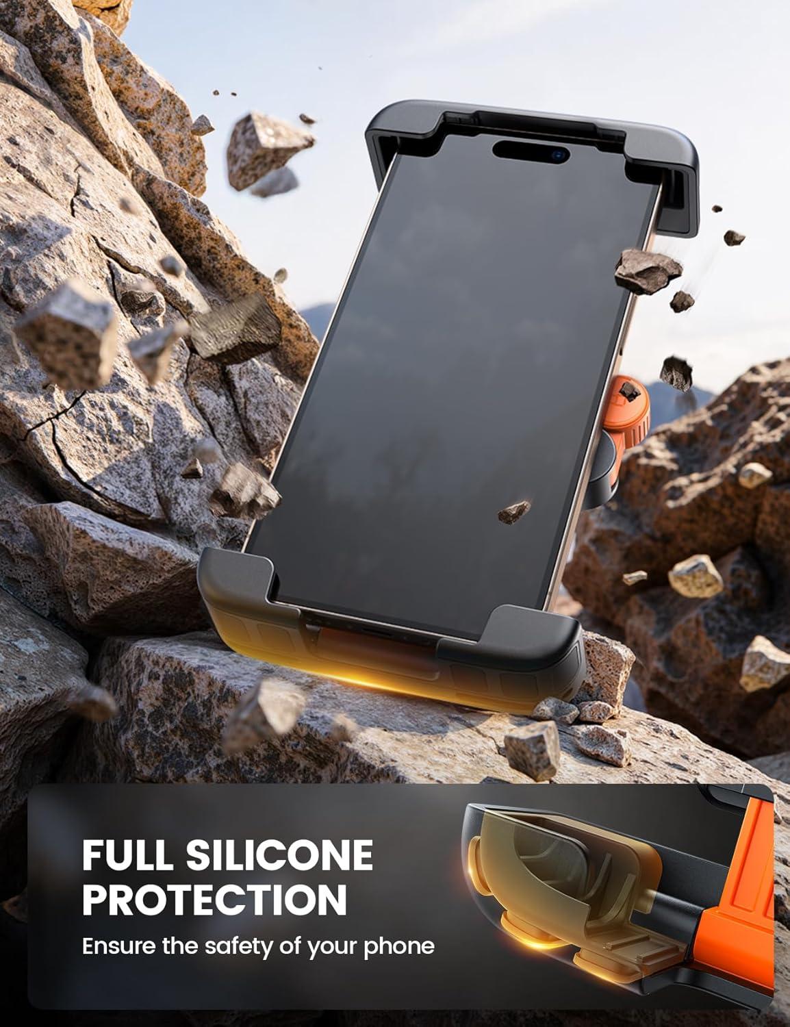 imageLamicall Bike Motorcycle Phone Mount 1s Quick Lock Bike Cell Phone Holder Clip Bicycle Scooter Handlebar Clamp for iPhone Air 17 16 15 Pro Max Galaxy S25 S24 Ultra More 67 PhonesOrange