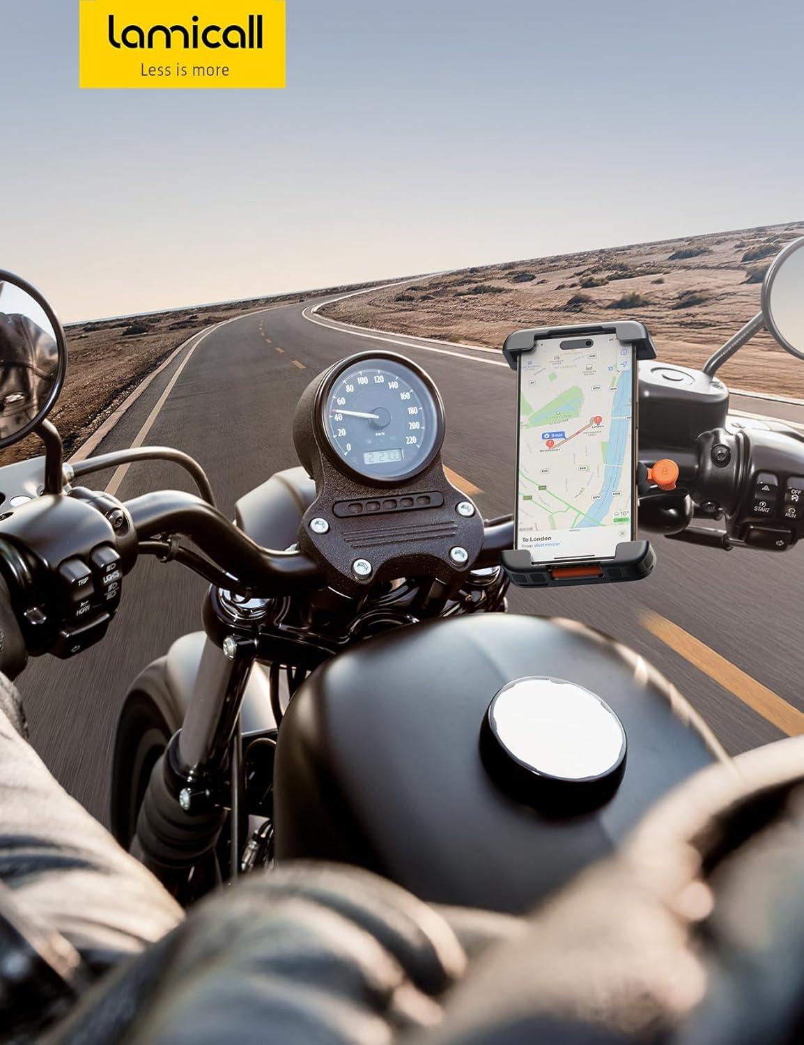 imageLamicall Bike Motorcycle Phone Mount 1s Quick Lock Bike Cell Phone Holder Clip Bicycle Scooter Handlebar Clamp for iPhone Air 17 16 15 Pro Max Galaxy S25 S24 Ultra More 67 PhonesOrange
