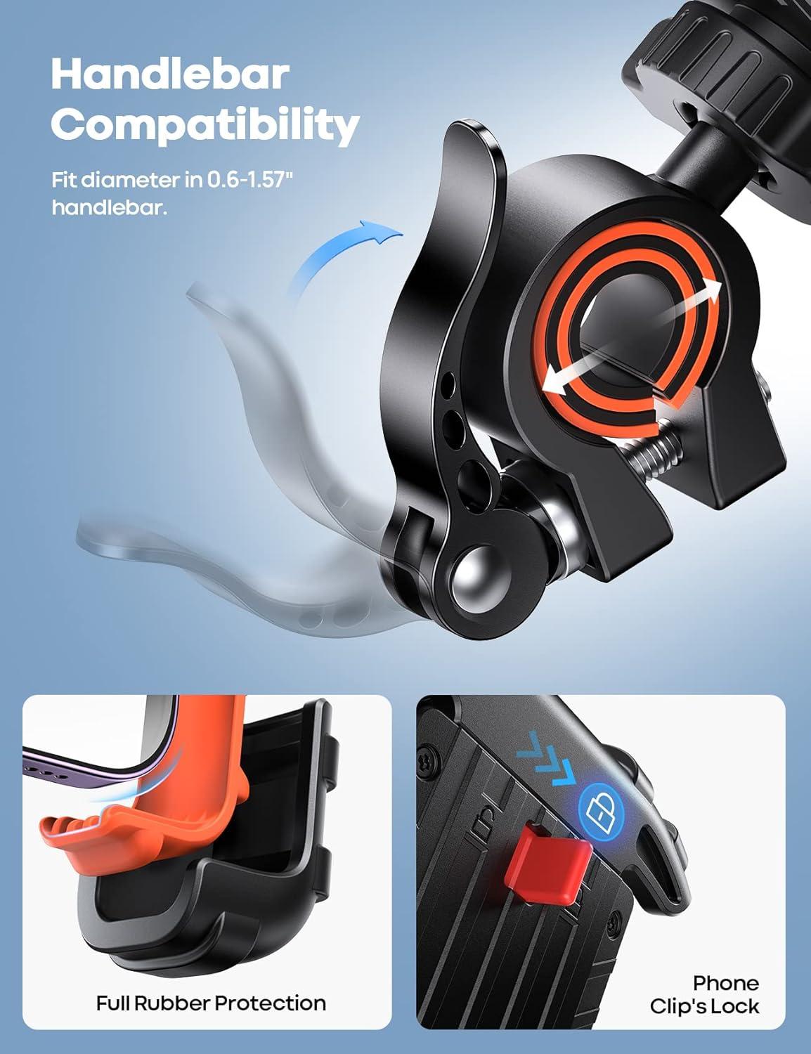 imageLamicall Bike Phone Holder Motorcycle Mount Motorcycle Phone Holder Handlebar Cell Phone Clamp Scooter Phone Clip for iPhone Air 17 Pro Max 16 15 Pro Max Plus S20 More 47 to 68 SmartphonesOrange