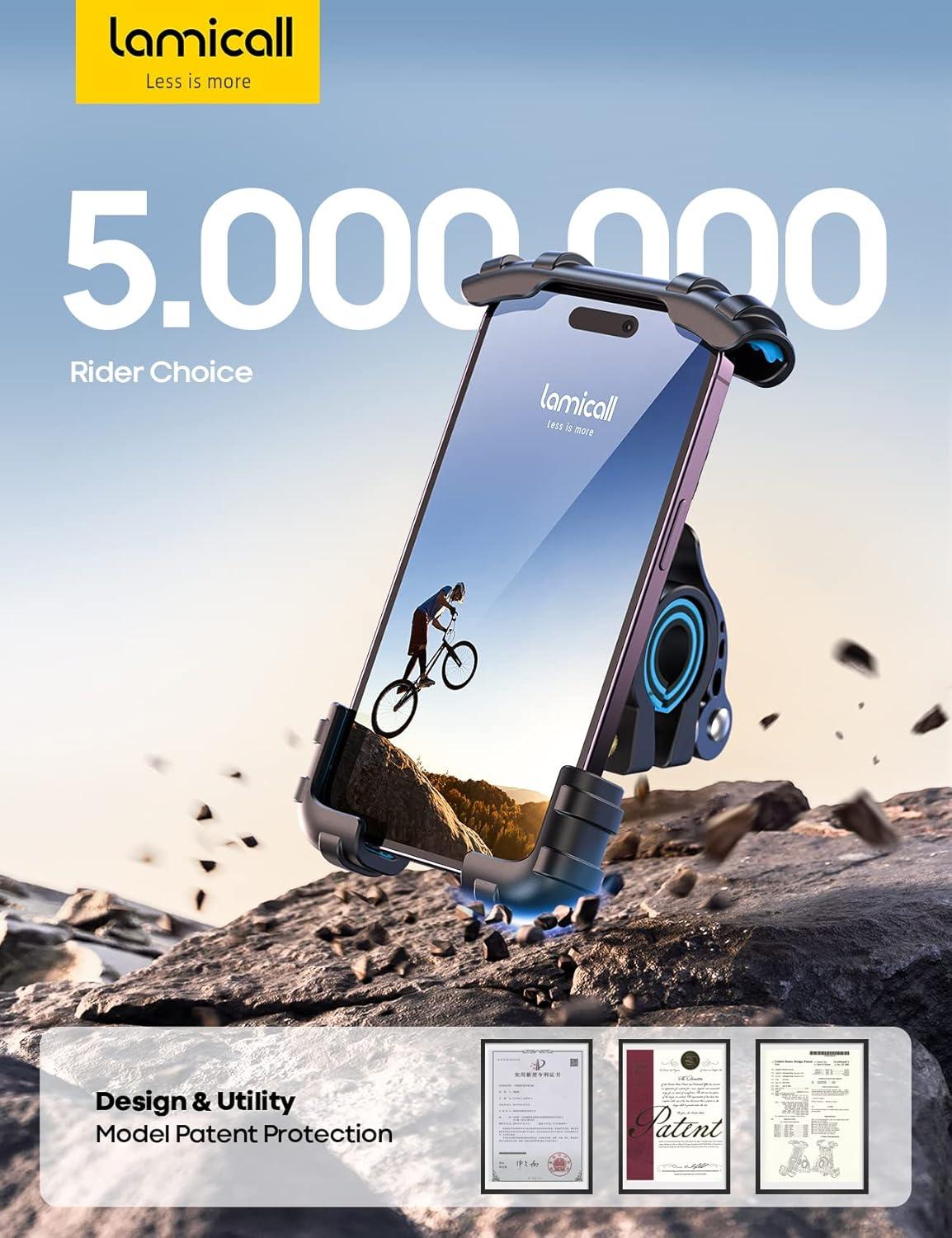 imageLamicall Bike Phone Holder Motorcycle Mount Motorcycle Phone Holder Handlebar Cell Phone Clamp Scooter Phone Clip for iPhone Air 17 Pro Max 16 15 Pro Max Plus S20 More 47 to 68 SmartphonesBlue