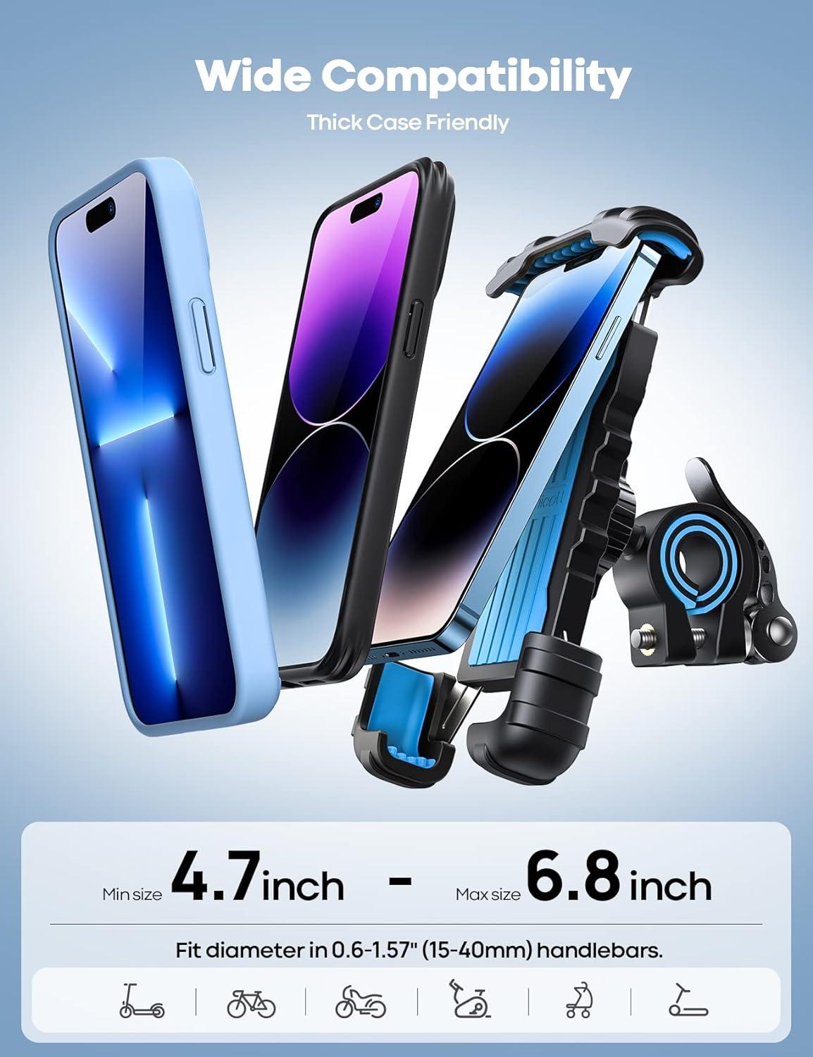 imageLamicall Bike Phone Holder Motorcycle Mount Motorcycle Phone Holder Handlebar Cell Phone Clamp Scooter Phone Clip for iPhone Air 17 Pro Max 16 15 Pro Max Plus S20 More 47 to 68 SmartphonesBlue