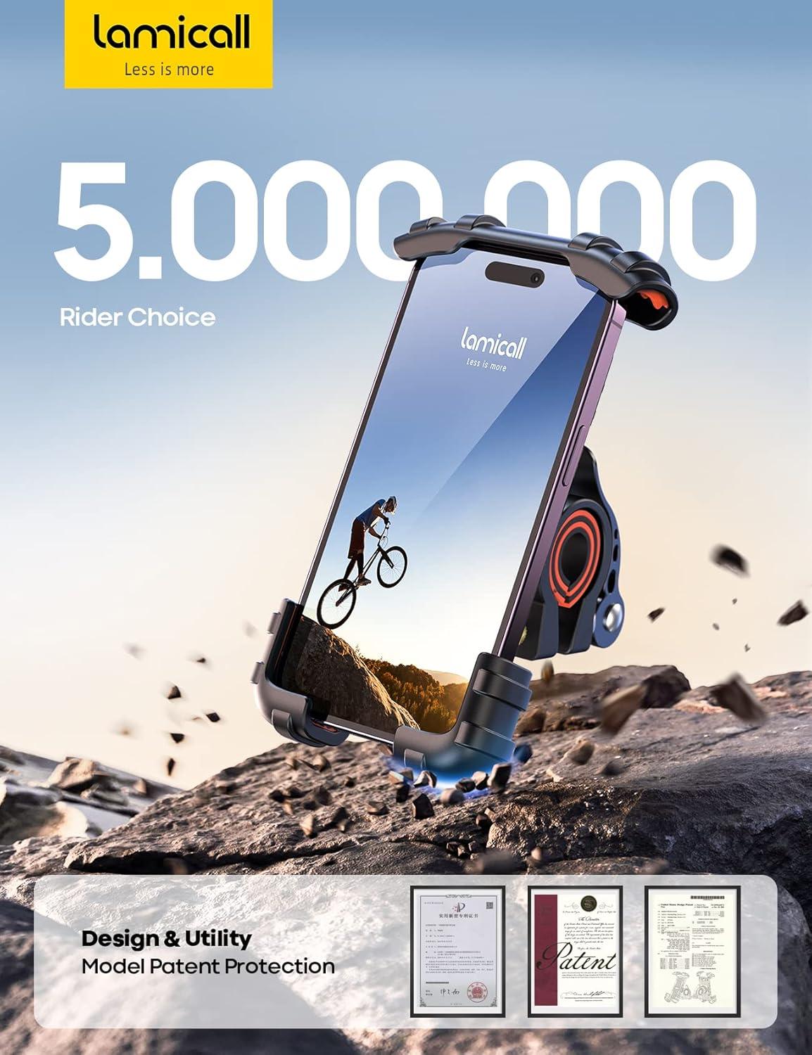 imageLamicall Bike Phone Holder Motorcycle Mount Motorcycle Phone Holder Handlebar Cell Phone Clamp Scooter Phone Clip for iPhone Air 17 Pro Max 16 15 Pro Max Plus S20 More 47 to 68 SmartphonesOrange