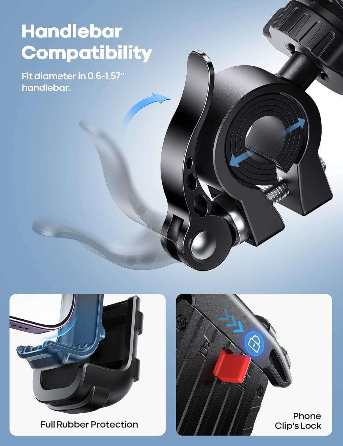 imageLamicall Bike Phone Holder Motorcycle Mount Motorcycle Phone Holder Handlebar Cell Phone Clamp Scooter Phone Clip for iPhone Air 17 Pro Max 16 15 Pro Max Plus S20 More 47 to 68 SmartphonesBlack