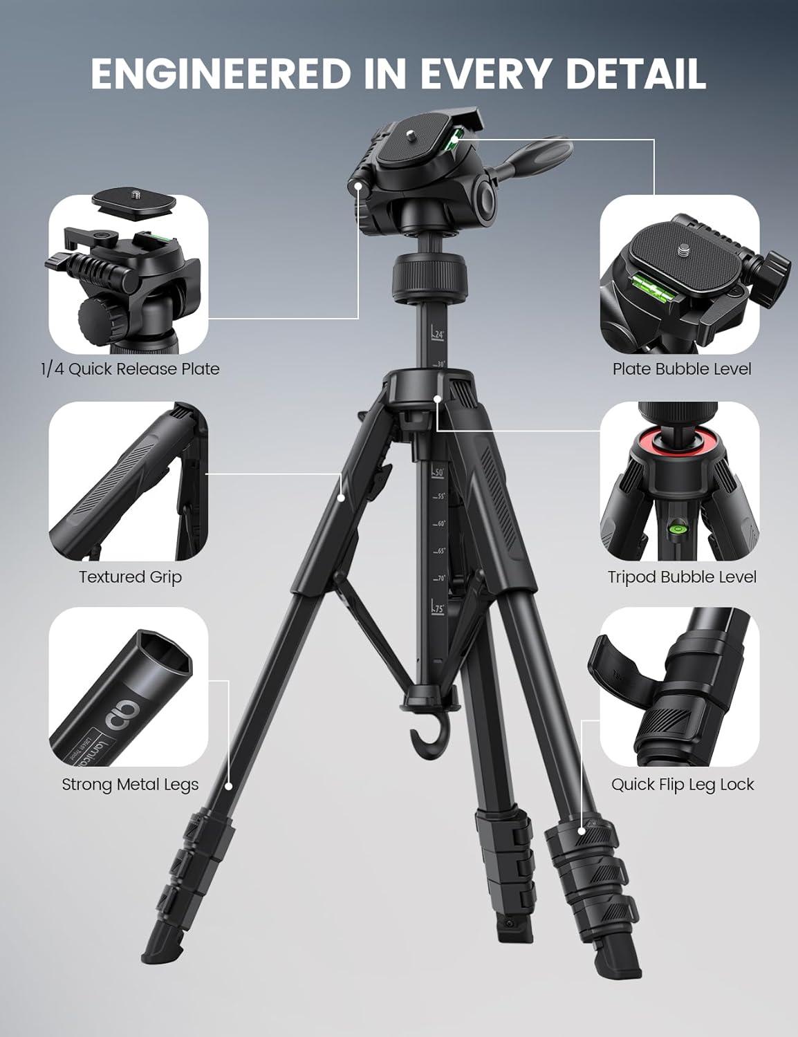imageLamicall Camera Tripod 176LBS Max Load Tripod for Camera with Rapid Leg Deployment Phone Tripods for Video Recording Photo Vlog 67 Camera Stand with Phone Holder amp Carry Bag for DSLR iPhone GoProBlack
