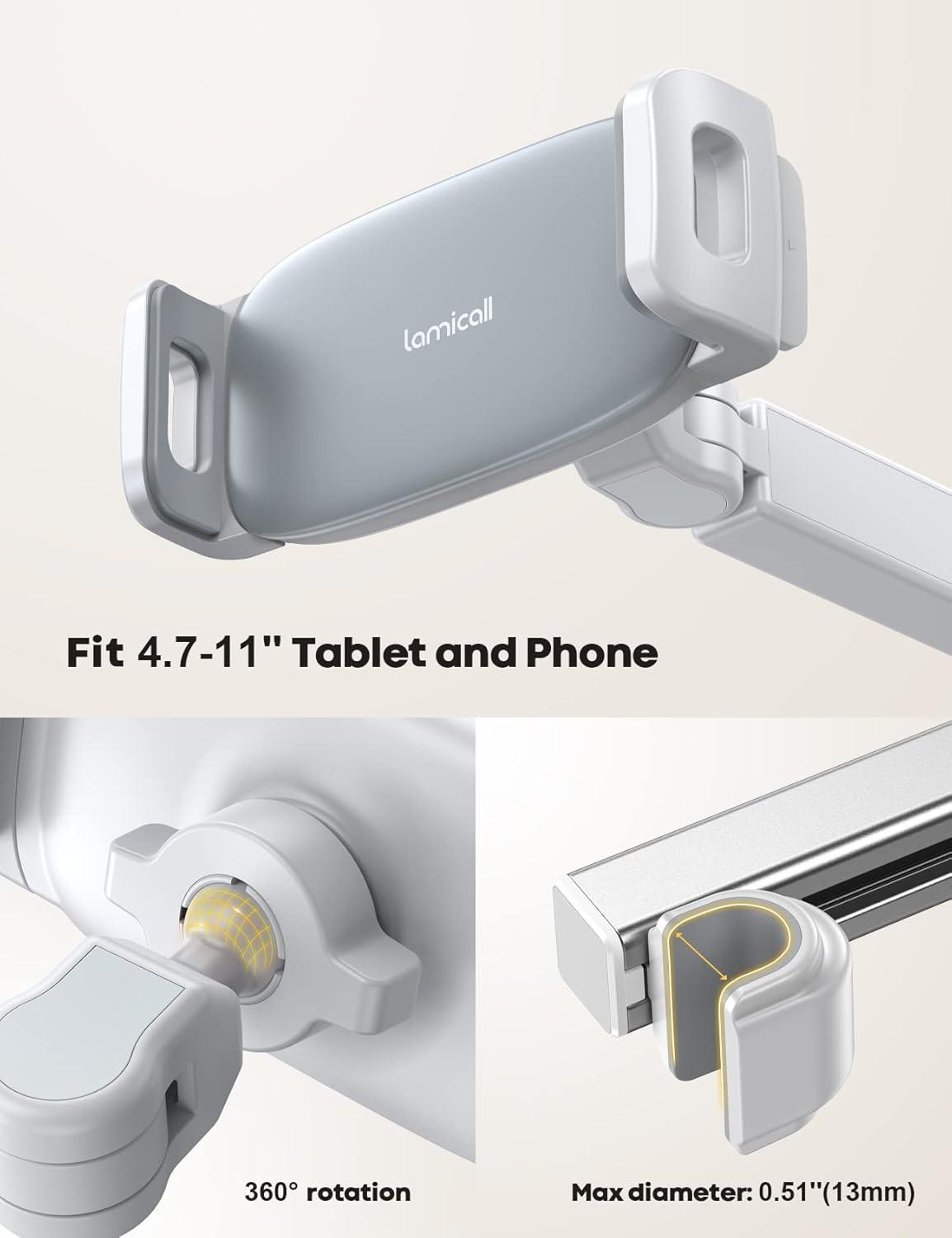 imageLamicall Car Headrest Tablet Holder 3 in 1 Extension Arm Adjustable Tablet Car Mount for Back Seat Road Trip Essentials for Kids for 4711 Device Like iPad Pro Air Mini Galaxy Fire BlackWhite