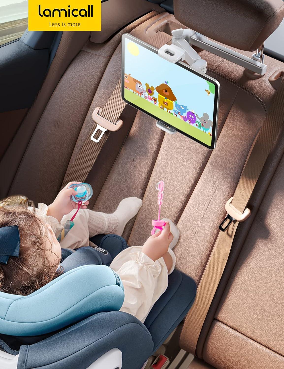 imageLamicall Car Headrest Tablet Holder 3 in 1 Extension Arm Adjustable Tablet Car Mount for Back Seat Road Trip Essentials for Kids for 4711 Device Like iPad Pro Air Mini Galaxy Fire BlackWhite