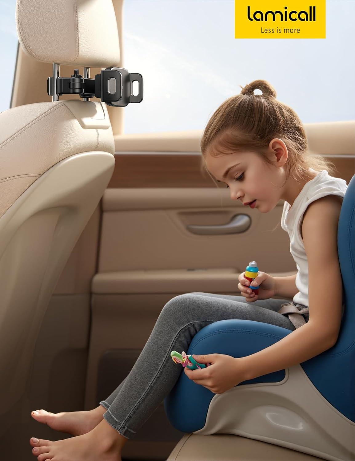 imageLamicall Car Headrest Tablet Holder 3 in 1 Extension Arm Adjustable Tablet Car Mount for Back Seat Road Trip Essentials for Kids for 4711 Device Like iPad Pro Air Mini Galaxy Fire BlackBlack