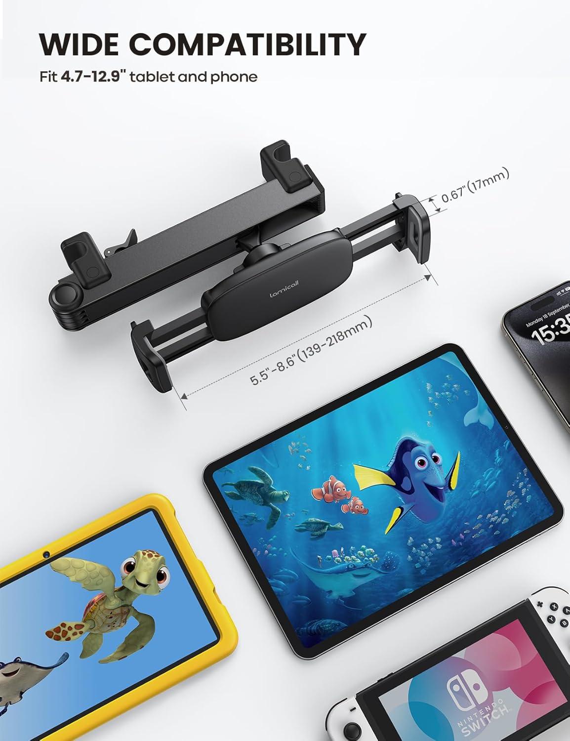 imageLamicall Car Headrest Tablet Holder Lockable 3 in 1 Extension Arm Upgrade Tablet Mount for Car Backseat Road Trip Essentials for Kids for iPad Pro Air Mini Galaxy Fire HD 4713 Tablets