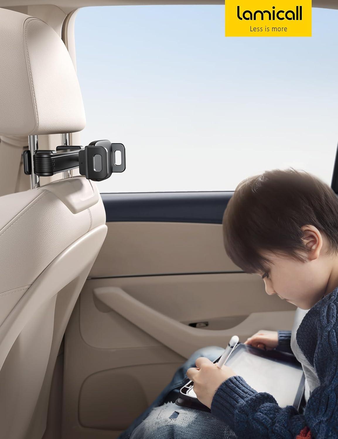 imageLamicall Car Headrest Tablet Holder Lockable 3 in 1 Extension Arm Upgrade Tablet Mount for Car Backseat Road Trip Essentials for Kids for iPad Pro Air Mini Galaxy Fire HD 4713 Tablets