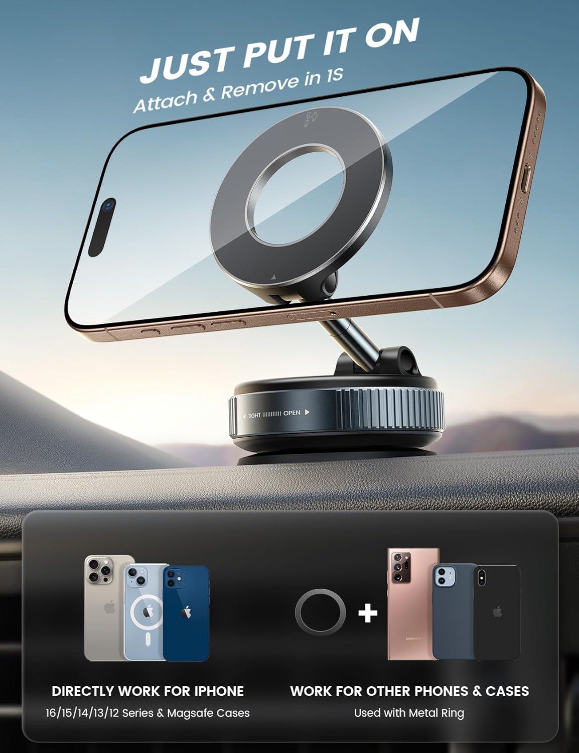 imageLamicall Car Phone Holder 70 LBS Strongest Suction for Magsafe Car Mount 360 Adjustable Suction Cup Phone Mount Dashboard Windshield Vacuum Magnetic Phone Holder for Car fit iPhone 17 16 Pro MaxBlack