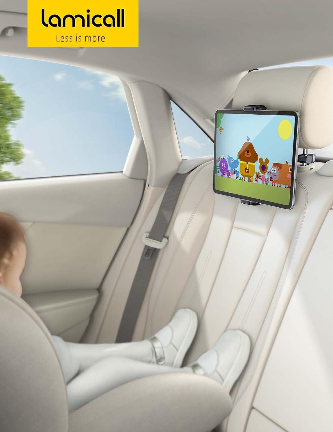 imageLamicall Car Tablet Mount Headrest Tablet Holder Car Back Seat Travel Stand for Kids Compatible with iPad Pro Air Mini Galaxy Tab Fire HD 4713 Cell Phone Tablets and DevicesBlack