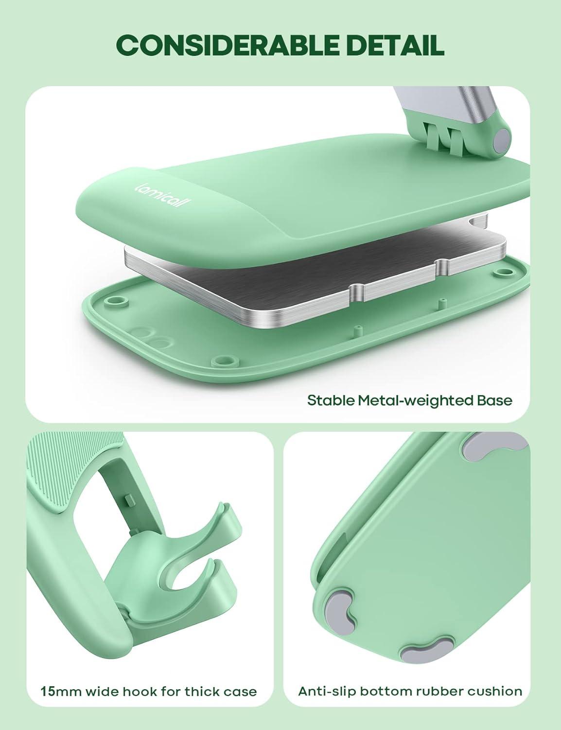 imageLamicall Cell Phone Stand for Desk Height Adjustable Foldable Mobile Phone Holder Portable Stand for iPhone 17 16 15 14 13 12 11 Pro Max Plus Air Galaxy S25 S24 Telephone Office AccessoriesLight Green