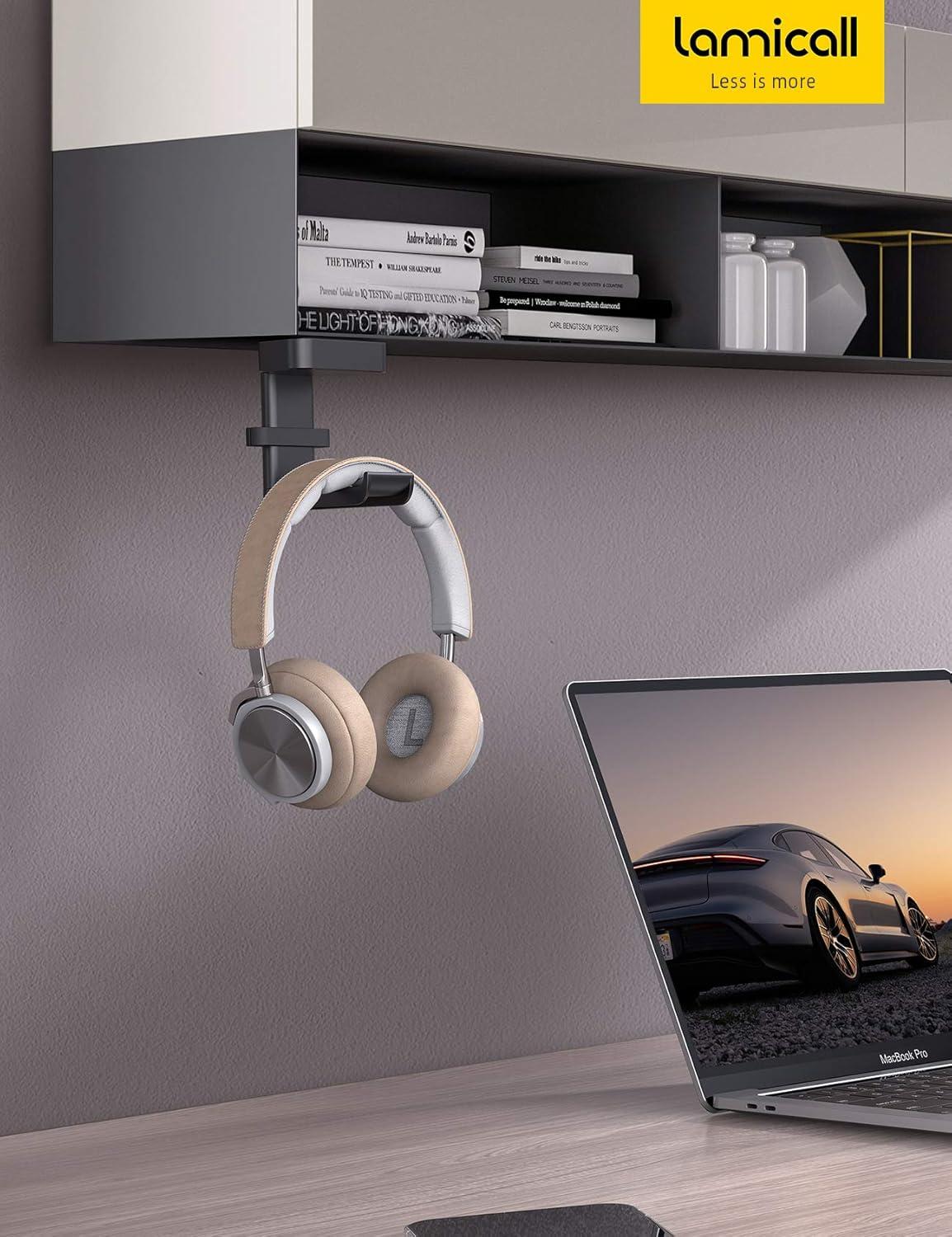 imageLamicall Headphone Stand Headset Hanger 360 Degree Rotation Earphone Hook Holder Mount Table Headphone Stand with Cable Organizer Gaming Headset Clamp for HyperX Razer Sony Sennheiser BlackBlack