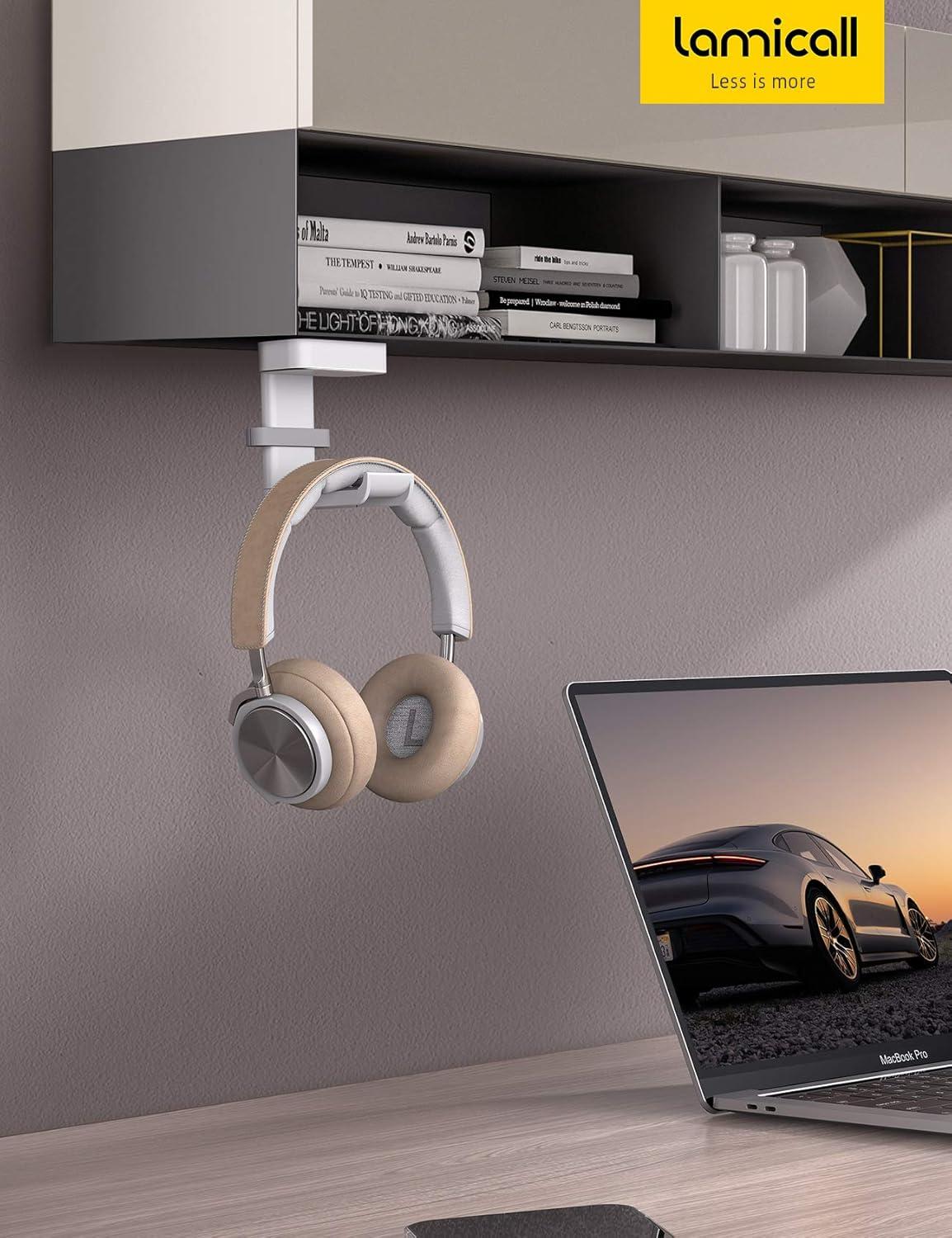 imageLamicall Headphone Stand Headset Hanger 360 Degree Rotation Earphone Hook Holder Mount Table Headphone Stand with Cable Organizer Gaming Headset Clamp for HyperX Razer Sony Sennheiser BlackWhite
