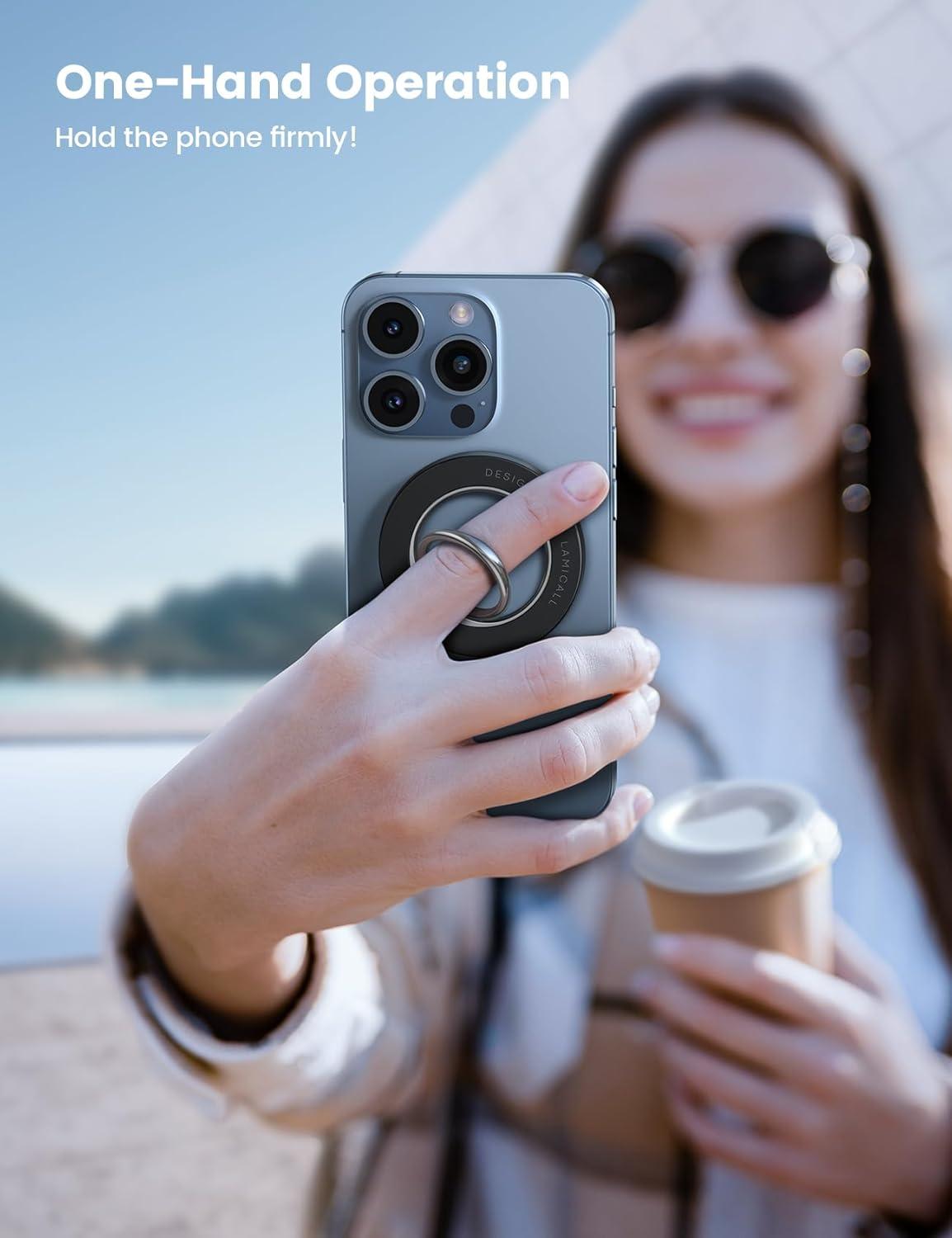 imageLamicall Magnetic Phone Grip for MagSafe Accessories 2025 Upgraded Strong Magnet Finger Ring Holder 1s Snap Pop Grip Socket Stand Mag Safe Kickstand Accessories for iPhone 16 Pro Max AndroidsMisty Black