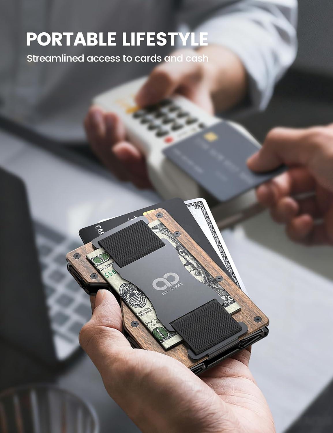 imageLamicall Minimalist Metal Wallet for Men Mechanical Hinges1520 Cards Slim Wallets Credit Card Holder Money Clip amp Cash Strap RFID Thin Gift for Men Stocking Stuffers Christmas GiftsMetallic Wood Grain CLIPSTRAP