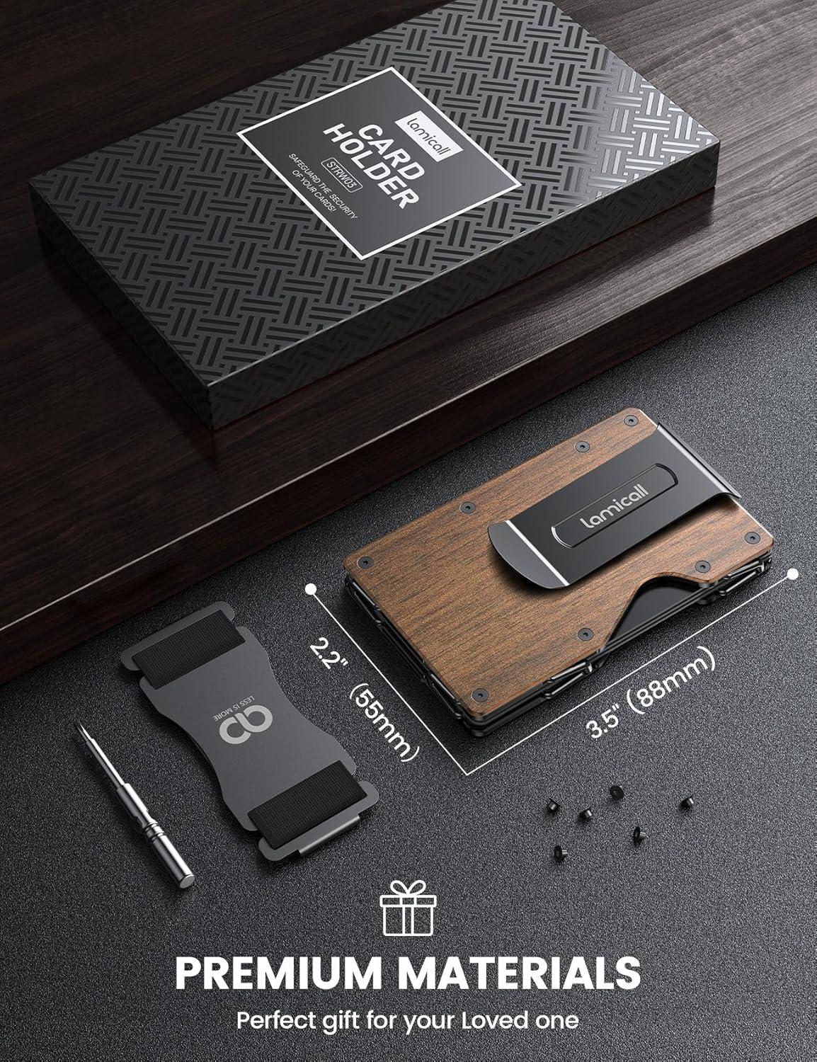imageLamicall Minimalist Metal Wallet for Men Mechanical Hinges1520 Cards Slim Wallets Credit Card Holder Money Clip amp Cash Strap RFID Thin Gift for Men Stocking Stuffers Christmas GiftsMetallic Wood Grain CLIPSTRAP