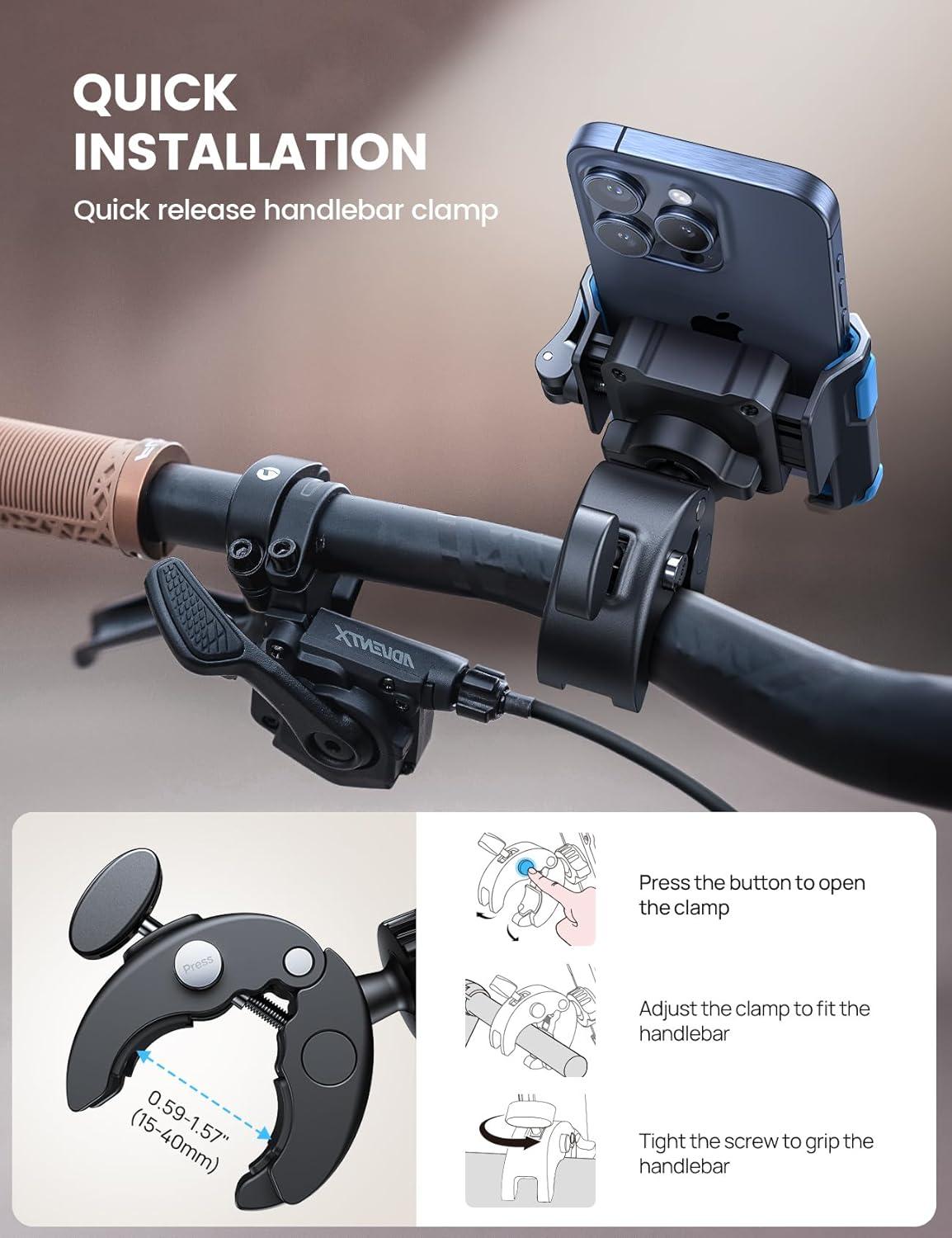 imageLamicall Motorcycle Phone Mount Holder Camera Friendly 1s Lock Bike Phone Holder Handlebar Clamp Bicycle Scooter Phone Clip for iPhone Air 17 16 15 Pro Max Galaxy S25 Ultra 477 PhonesBlue