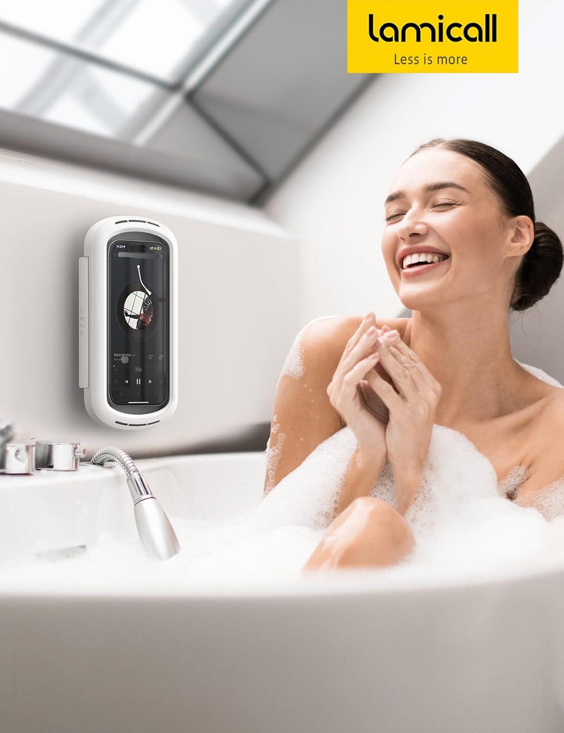 imageLamicall Shower Phone Case Holder Waterproof Bigger Size for More Phone47 Clearer Sound Shower Bathroom Bathtub Accessories IPX6 Waterproof Wall Mount for iPhone 16 Pro Max S25 UltraSnow White
