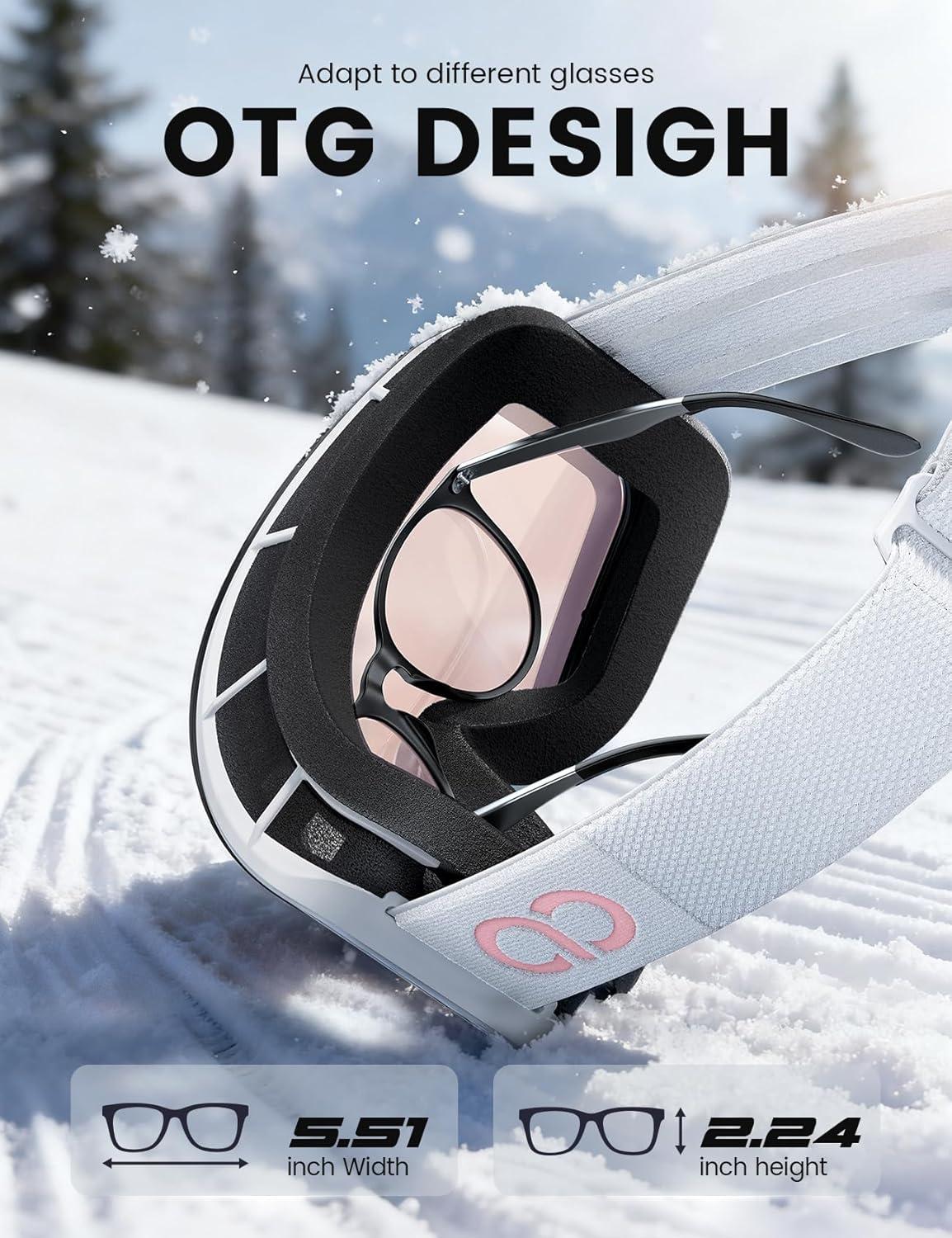 imageLamicall Ski Goggles with 3X AntiFog 100 UV Protection OTG Design for Skiing Snowboard Snowmobile Men WomenWhite Frame Pink Lens