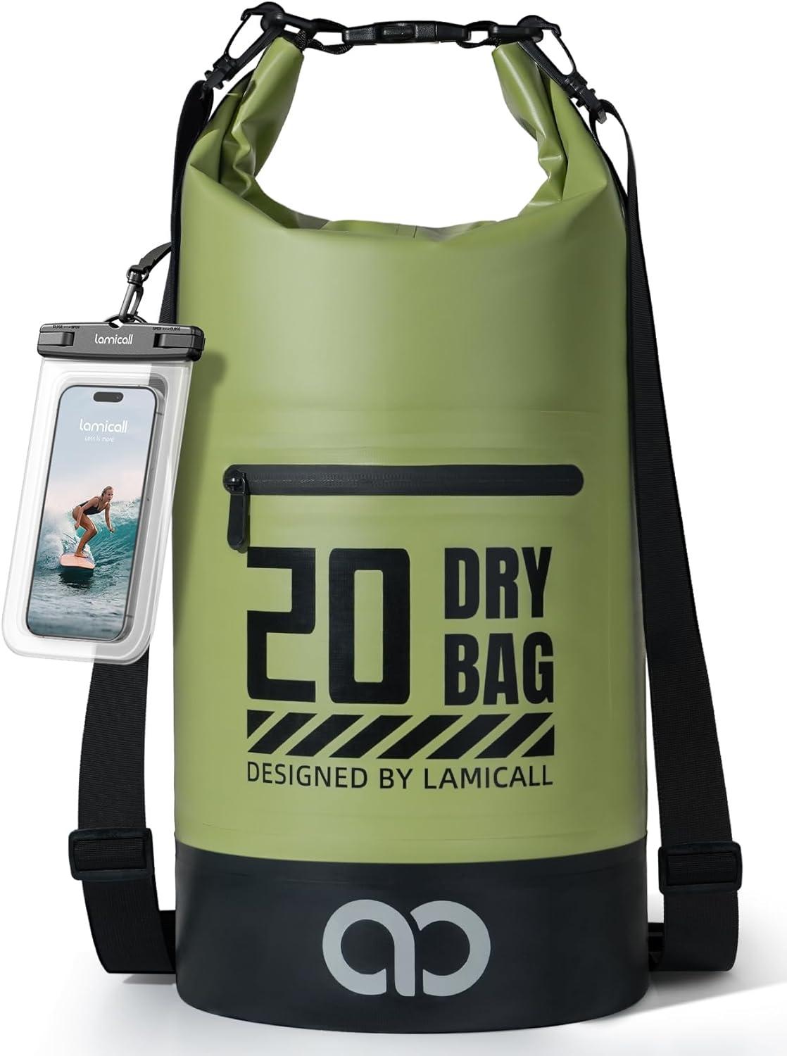 imageLamicall Small Dry Bag Waterproof Bag Durable amp Floating 5L10L20L30L40L Water Proof Bag with Waterproof Phone Pouch Keeps Gear Dry Sack for Kayak Swim Boat Paddle Boarding Hiking FishingOlive Green