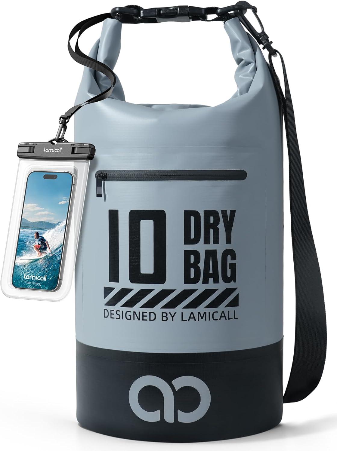 imageLamicall Small Dry Bag Waterproof Bag Durable amp Floating 5L10L20L30L40L Water Proof Bag with Waterproof Phone Pouch Keeps Gear Dry Sack for Kayak Swim Boat Paddle Boarding Hiking FishingBlueish Gray