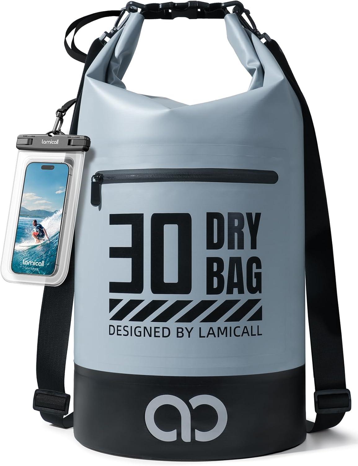 imageLamicall Small Dry Bag Waterproof Bag Durable amp Floating 5L10L20L30L40L Water Proof Bag with Waterproof Phone Pouch Keeps Gear Dry Sack for Kayak Swim Boat Paddle Boarding Hiking FishingBlueish Gray