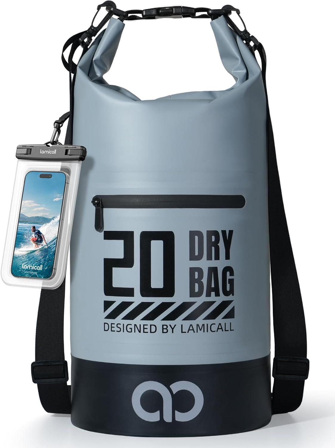 imageLamicall Small Dry Bag Waterproof Bag Durable amp Floating 5L10L20L30L40L Water Proof Bag with Waterproof Phone Pouch Keeps Gear Dry Sack for Kayak Swim Boat Paddle Boarding Hiking FishingBlueish Gray