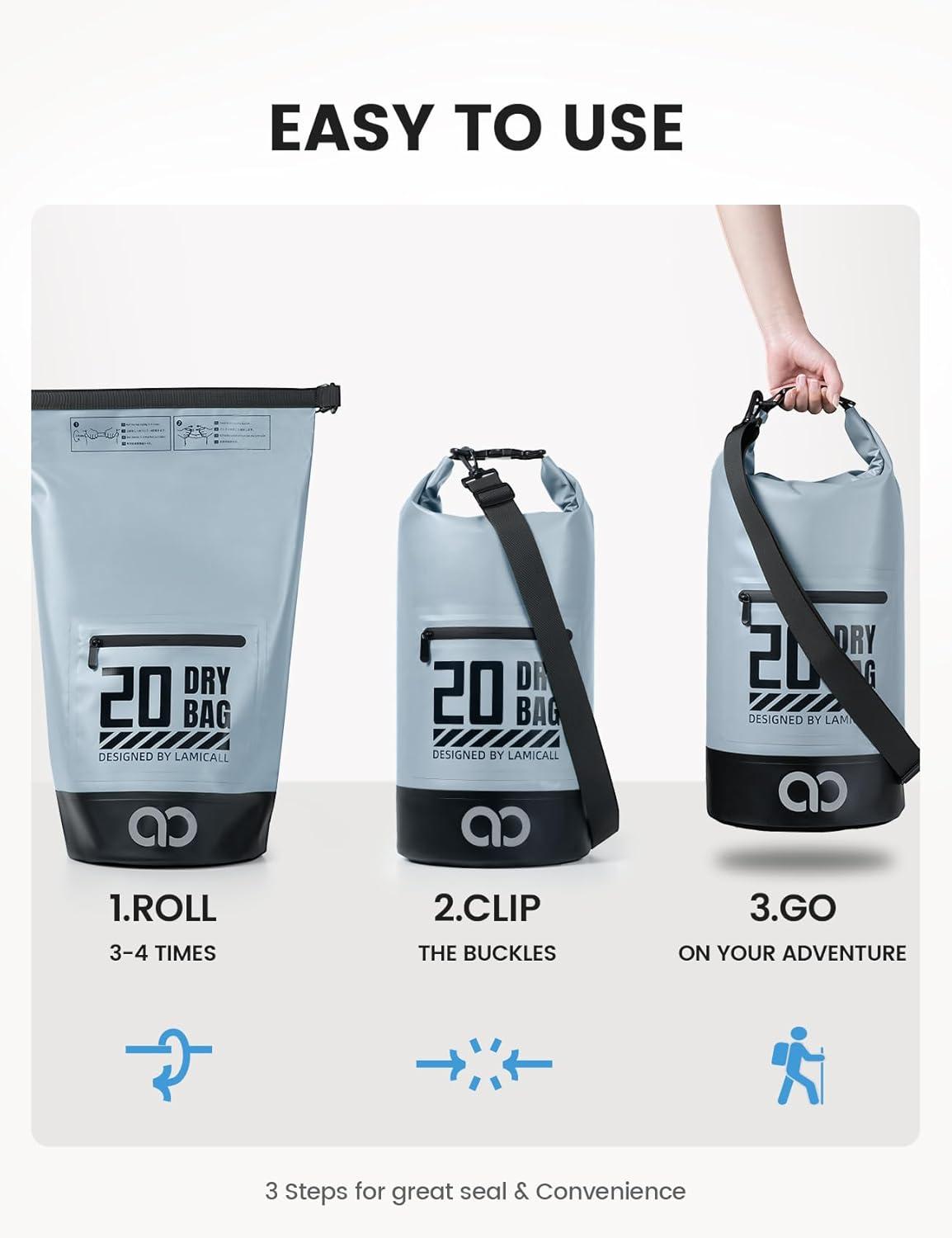 imageLamicall Small Dry Bag Waterproof Bag Durable amp Floating 5L10L20L30L40L Water Proof Bag with Waterproof Phone Pouch Keeps Gear Dry Sack for Kayak Swim Boat Paddle Boarding Hiking FishingBlueish Gray