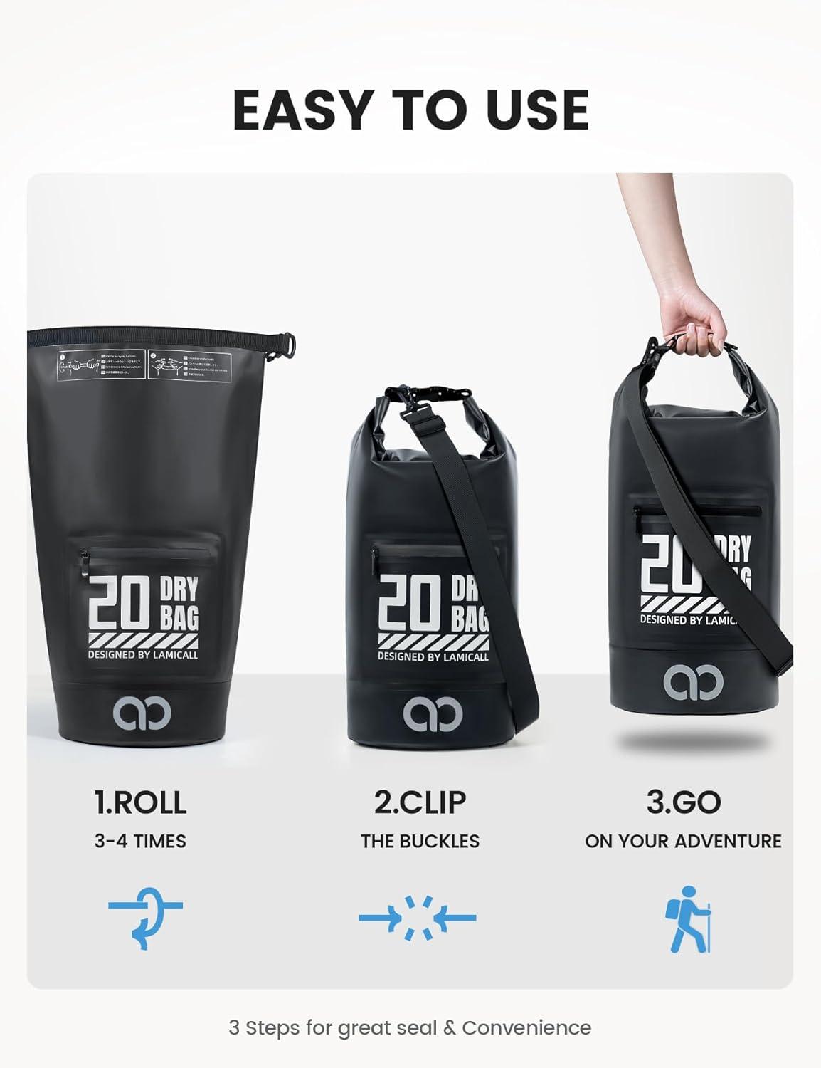 imageLamicall Small Dry Bag Waterproof Bag Durable amp Floating 5L10L20L30L40L Water Proof Bag with Waterproof Phone Pouch Keeps Gear Dry Sack for Kayak Swim Boat Paddle Boarding Hiking FishingBlack