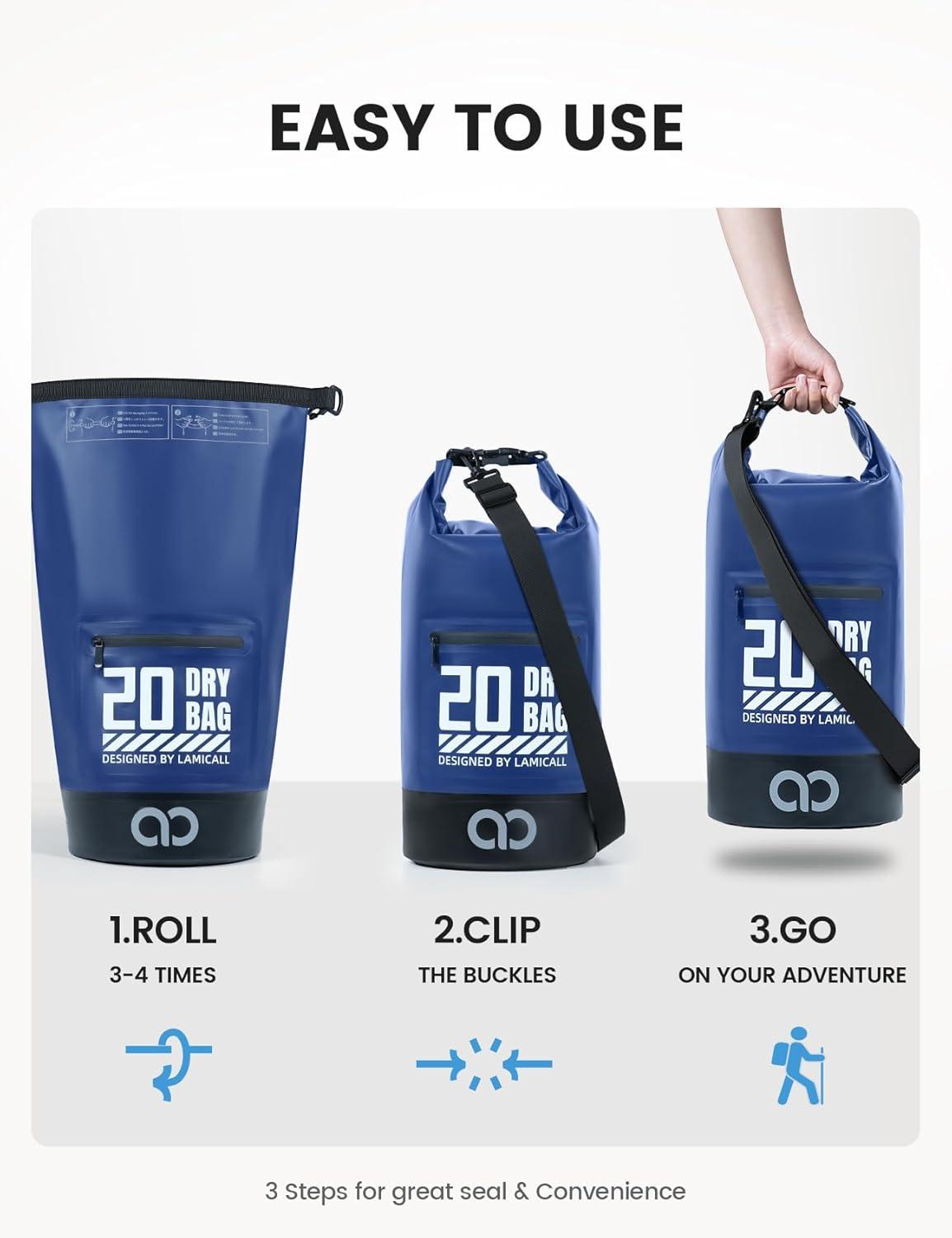 imageLamicall Small Dry Bag Waterproof Bag Durable amp Floating 5L10L20L30L40L Water Proof Bag with Waterproof Phone Pouch Keeps Gear Dry Sack for Kayak Swim Boat Paddle Boarding Hiking FishingNavy Blue