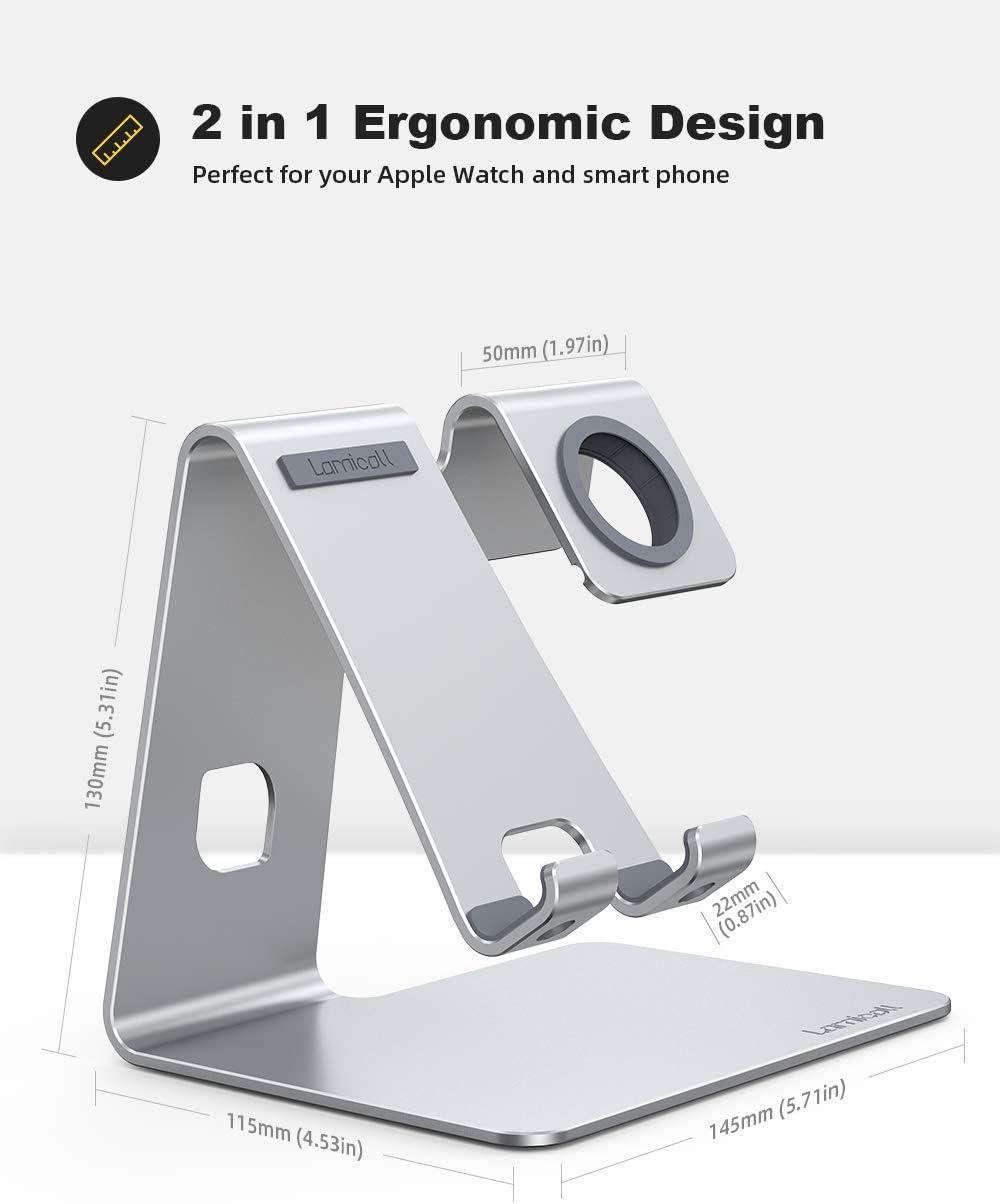 imageLamicall Stand for Apple Watch Phone Holder 2 in 1 Desktop Stand Holder Charging Station Dock for Apple Watch SE Series 1098765432 Ultrasliver