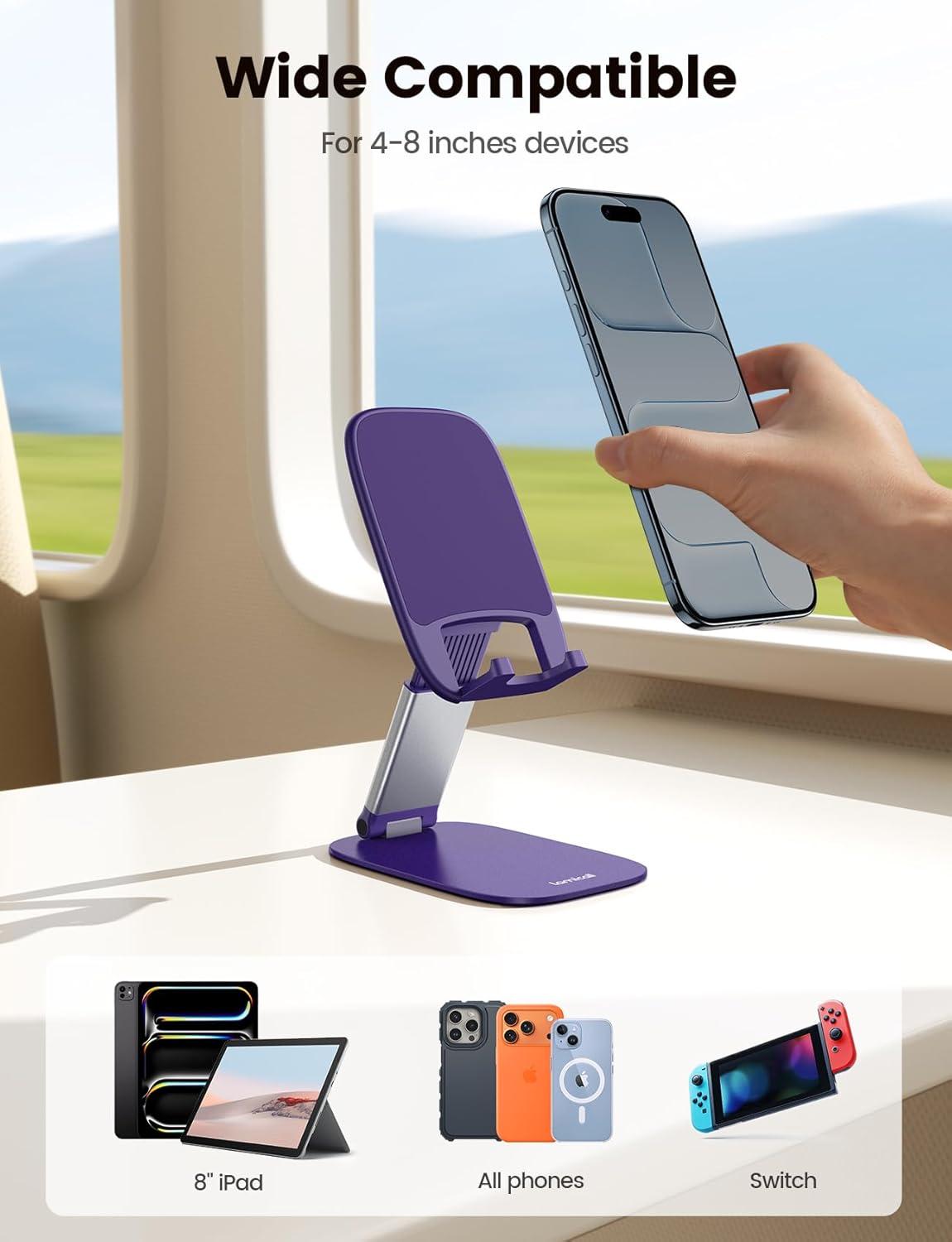 imageLamicall UltraThin Cell Phone Stand for Desk Height Adjustable Foldable Desktop Phone Holder Portable Mobile Stand Office Desk Accessories for iPhone 17 16 15 14 13 Pro Max Air Galaxy S25 S24Purple