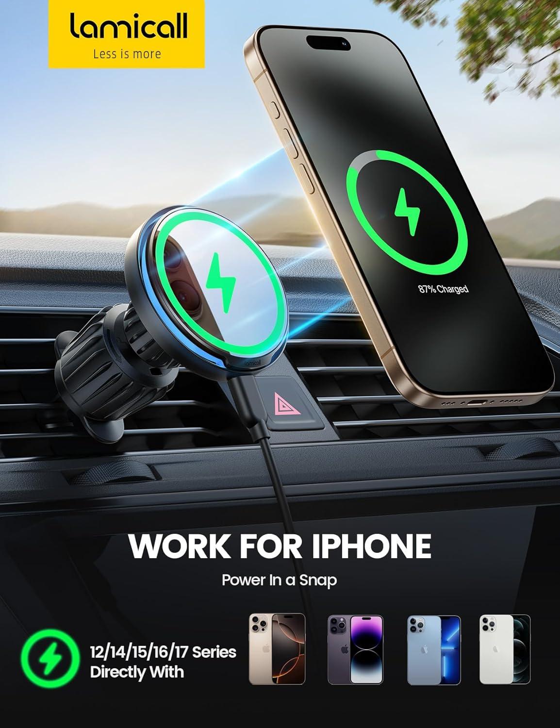 imageLamicall for MagSafe Car Mount Charger 15W Magnetic Wireless Car Charger Vent Dashboard 360 Rotation Magnetic Phone Holder for Car Charging HandsFree for iPhone 17 16 15 Pro Max Air PlusStandard MagSafe