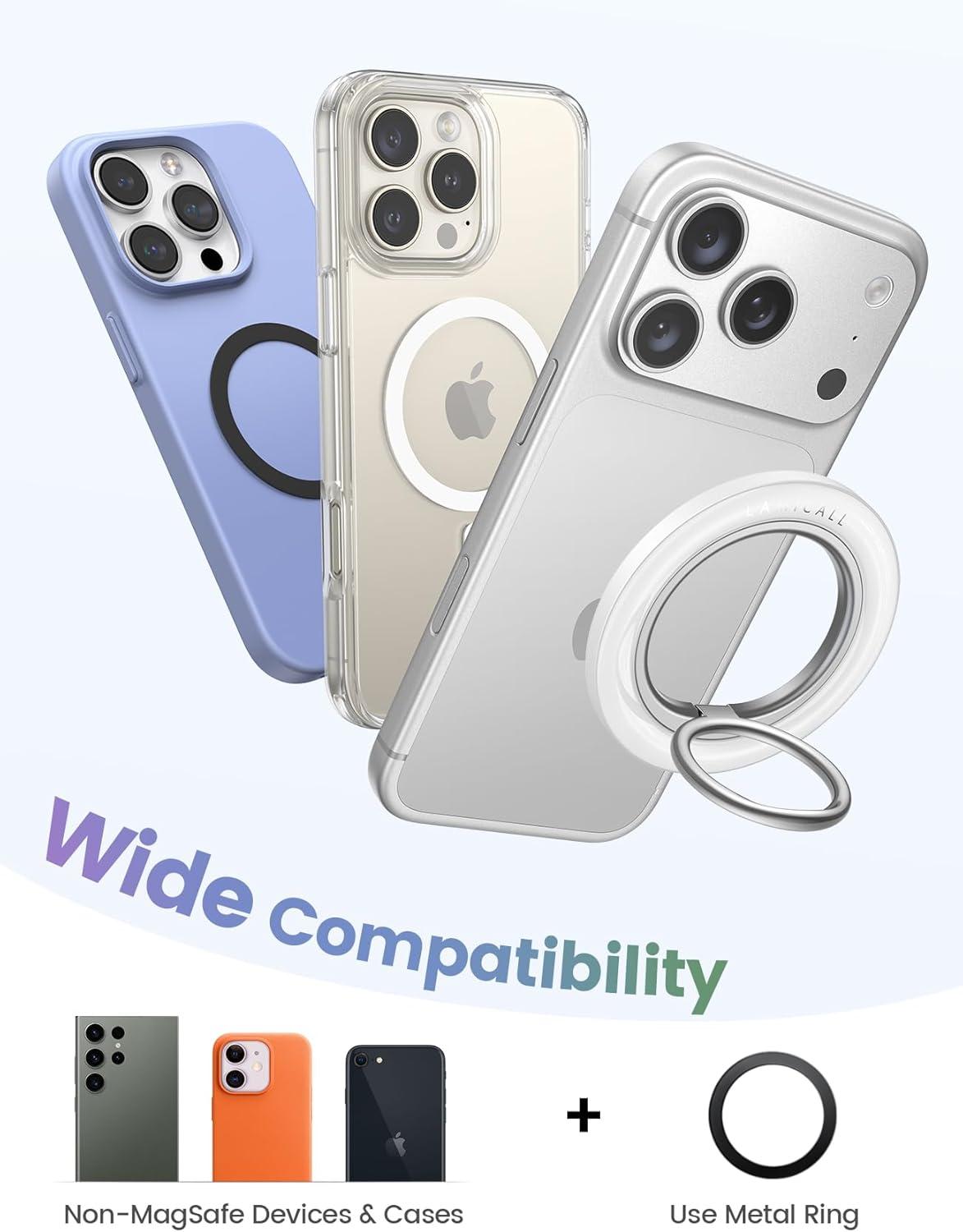imageLamicall for MagSafe Magnetic Phone Ring Grip 360 Rotating Ring Holder with Smooth Damping Crystal Clear Finger Grip Kickstand Strong Mag Safe Accessories for iPhone 17 Pro Max Air All PhonesCrystal White