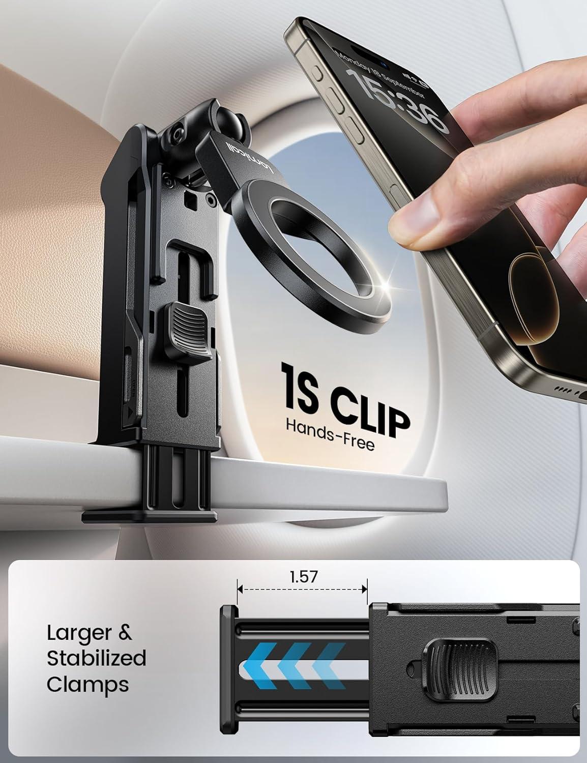 imageLamicall for Magsafe Airplane Phone Holder Airplane Travel Essentials for Flying Plane Handsfree Airport Phone Mount Long Flight Must Haves for Woman Man Fits iPhone 17 16 15 14 Pro Max SeriesBlack