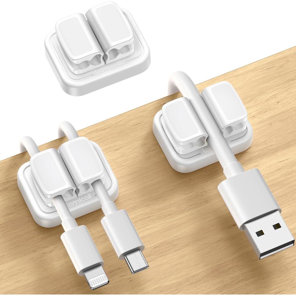 image3in1 Cord Organizer Spring Clip Holder  Lamicall Small Desk Cable Organizer Clips Adhesive Adjustable Wire Holder for Phone Charging Cord Cable Management Office Desk Accessories White 3PcsWhite