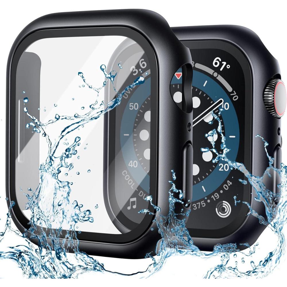 imageLamicall 2 Pack Waterproof Screen Protector Case for Apple Watch Water proof Apple Watch Face Cover 9H HD Tempered Glass Screen Protector Full Protective Bumper for iWatchBlack