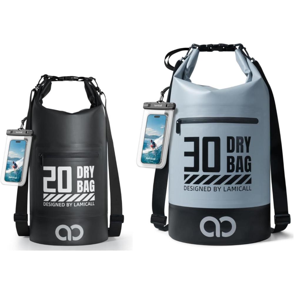 imageLamicall 30L amp 20L Dry Bag Waterproof Backpack Zippered Pocket Roll Top Waterproof Bag Blueish Gray amp Black