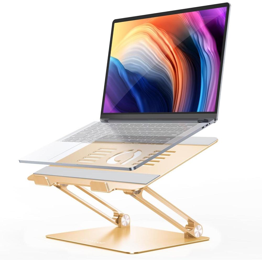 imageLamicall Adjustable Laptop Stand Portable Laptop Riser Aluminum Laptop Stand for Desk Foldable Ergonomic Computer Notebook Stand Holder for MacBook Air Pro Dell XPS HP 10173 Silver5Gold